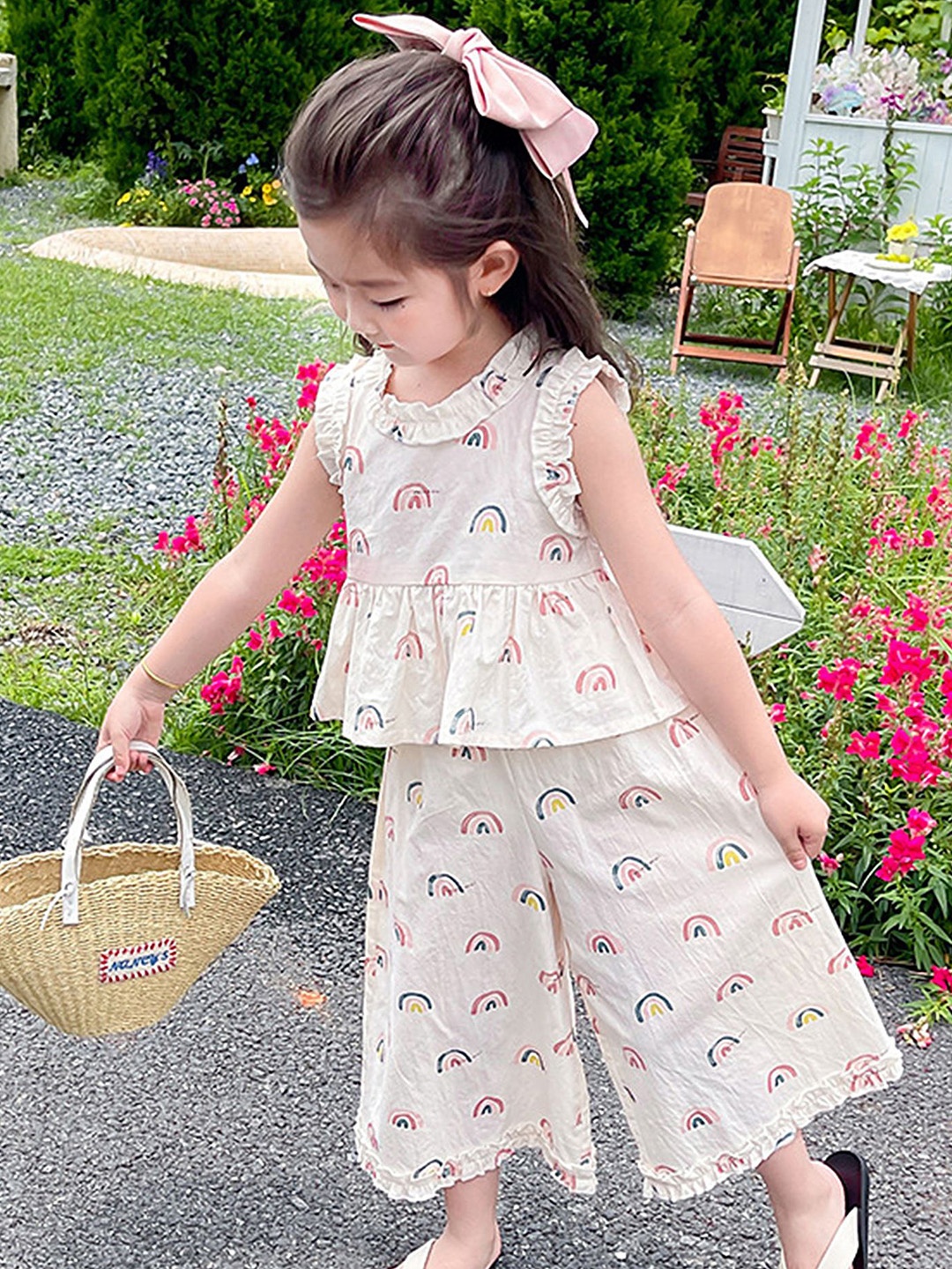 

LULU & SKY Girls Printed Round Neck Top With Palazzos, Beige