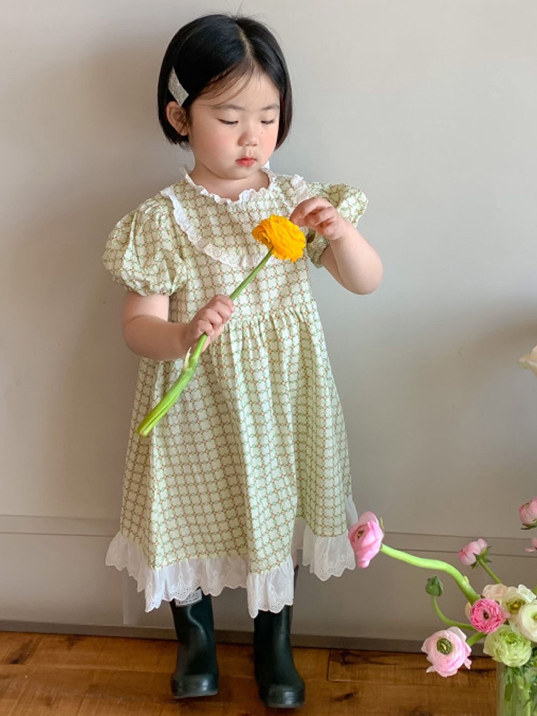 

LULU & SKY Girls Printed Lace Trimmed Cotton Fit & Flare Dress, Green