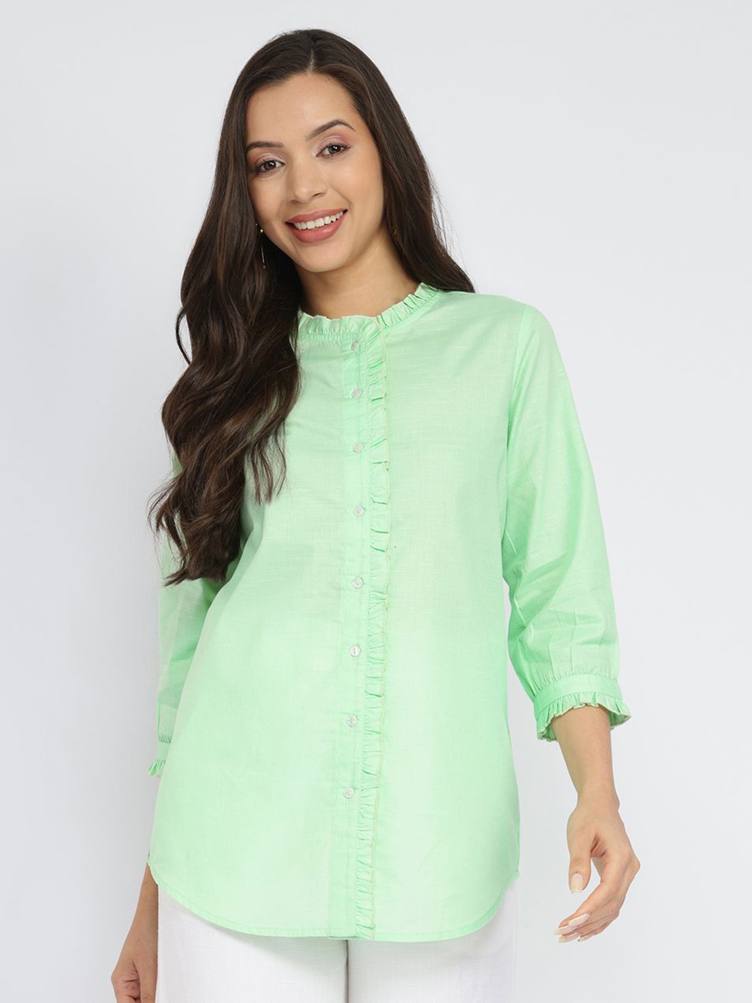 

Pink Fort Mandarin Collar Cotton Top, Green