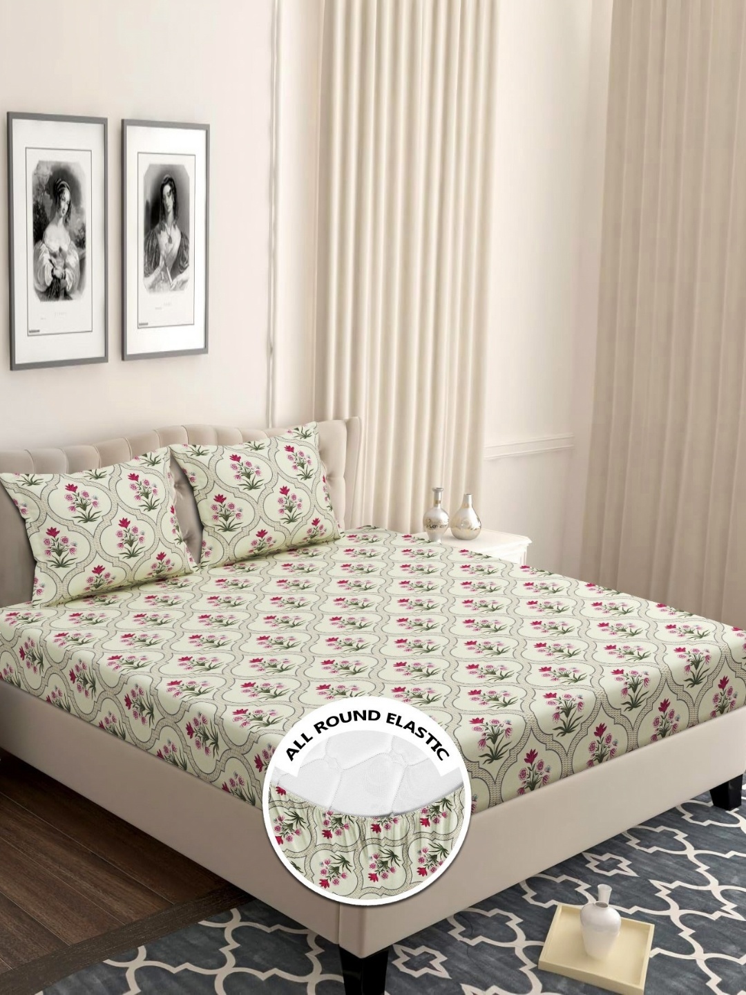 

bsb home Valancia Beige Floral Printed Microfiber 210 TC King Bedsheet Set