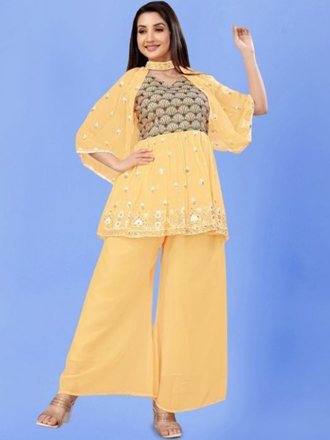 

PARROT CREATION Floral Embroidered Georgette V-Neck Kurti With Palazzos & Jacket, Yellow