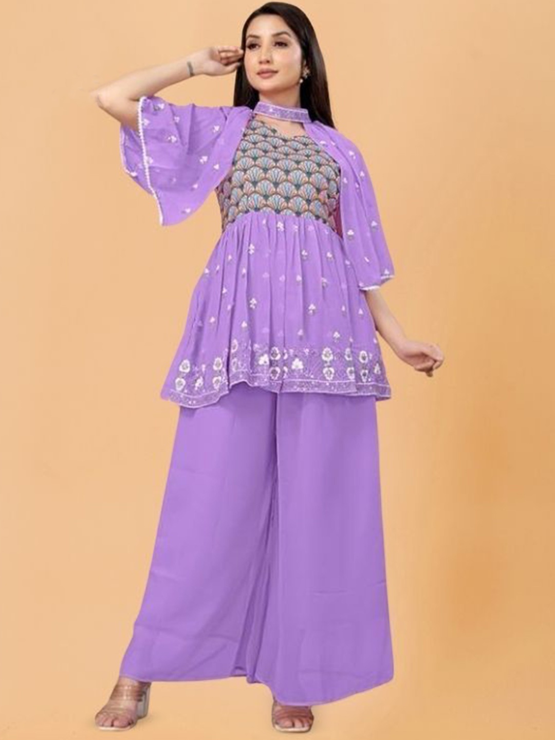 

PARROT CREATION Floral Embroidered V-Neck Georgette A-Line Kurti With Palazzos And Cape, Lavender