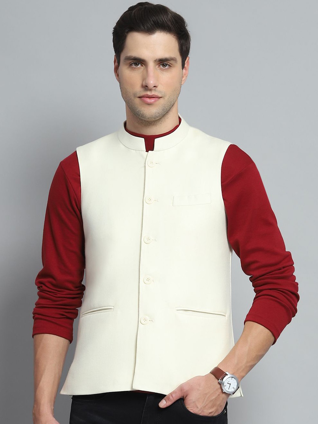 

Monte Carlo Sleeveless Woven Nehru Jacket, Cream