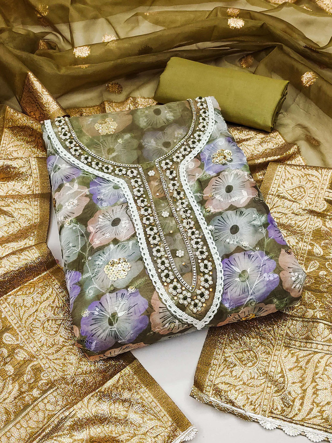 

SAINOOR Floral Sequinned Embroidered Organza Semi-Stitched Dress Material, Olive