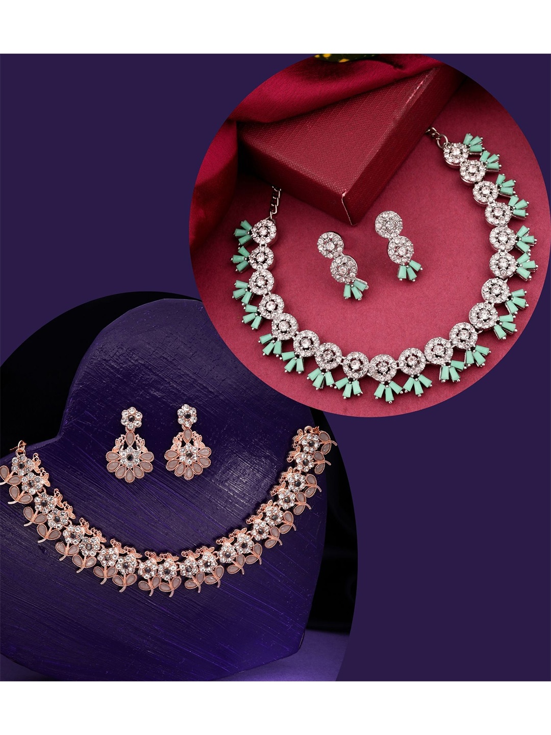 

DIVASTRI Set Of 2 Rose Gold And Silver-Plated Artificial Stone Studded Jewellery Set