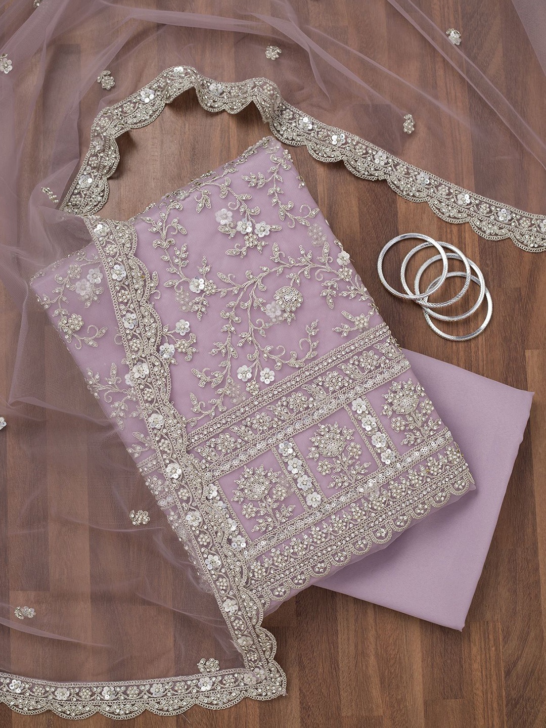 

Koskii Floral Embroidered Sequinned Net Unstitched Dress Material, Purple