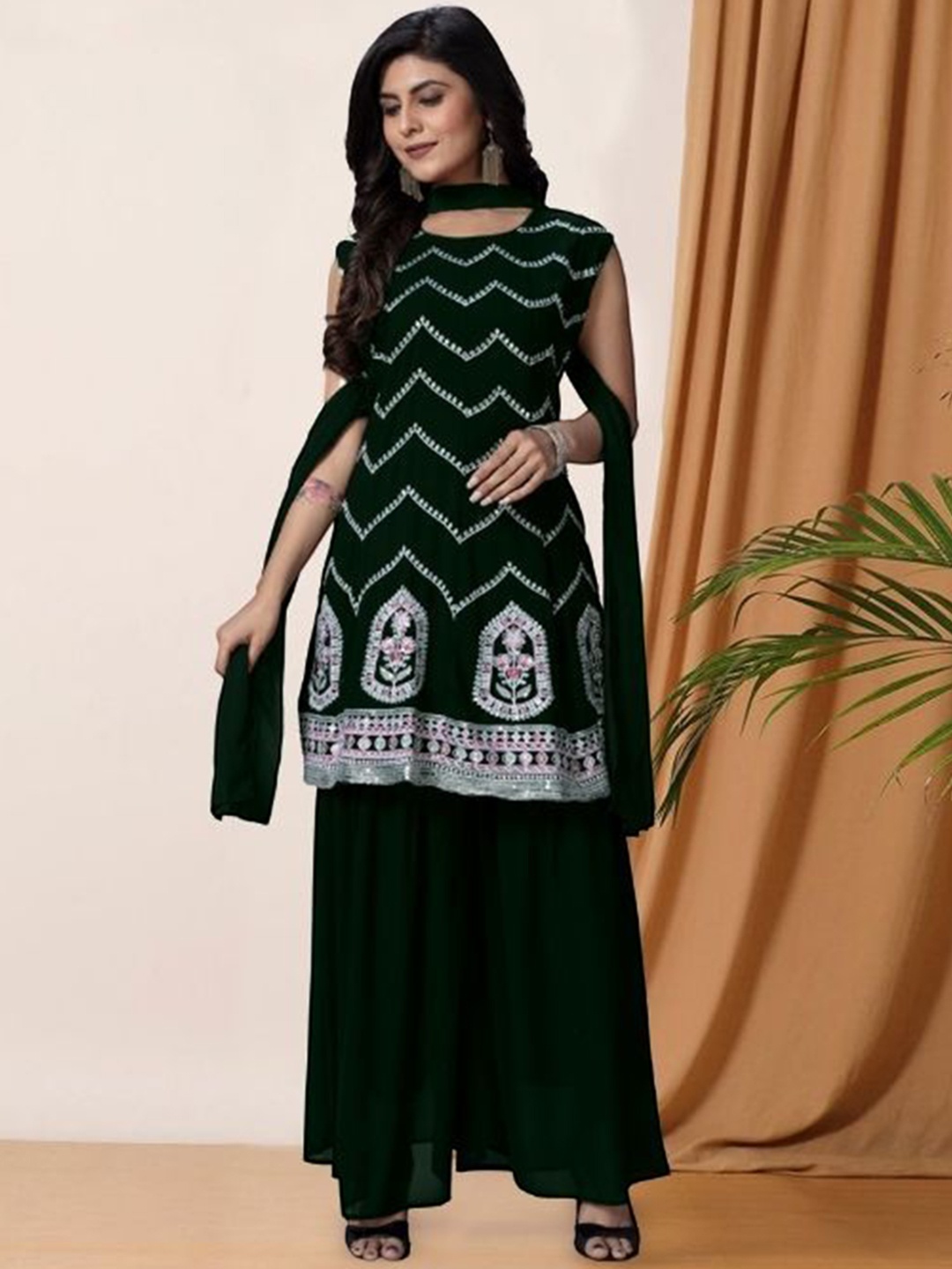 

PARROT CREATION Chevron Embroidered Georgette Straight Kurti With Sharara & Dupatta, Green