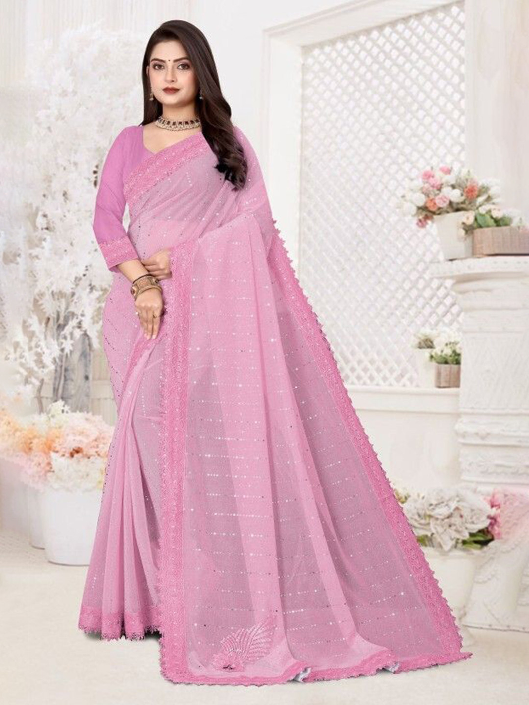 

JULEE Embellished Mirror Work Saree, Pink