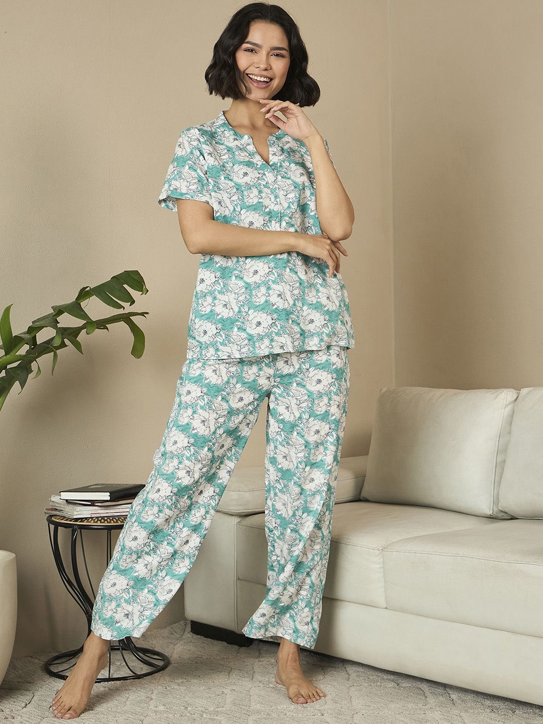 

July Women Printed Night suit, Sea green