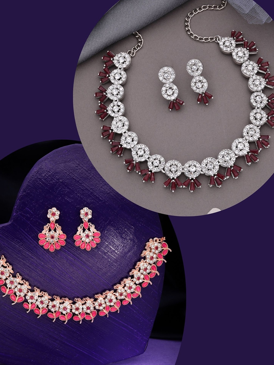 

DIVASTRI Set Of 2 Gold & Silver-Plated Artificial Stones Studded Necklace With Earrings, White