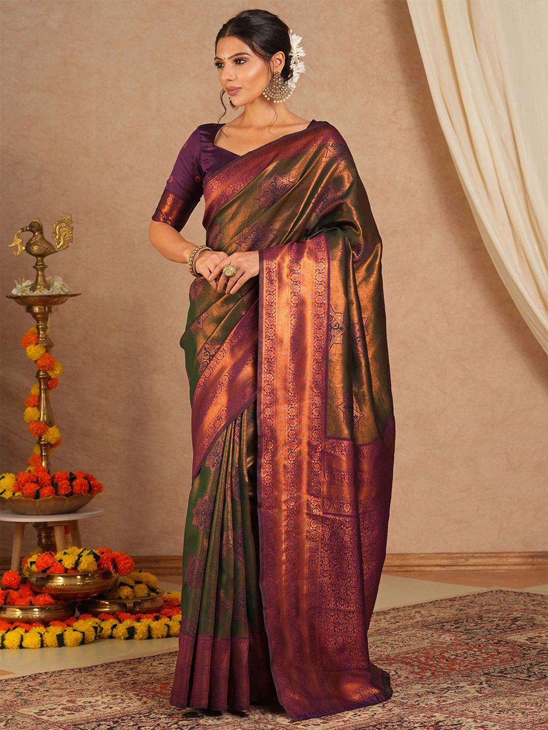 

Saree mall Ethnic Motifs Silk Blend Designer Kanjeevaram Sarees, Olive