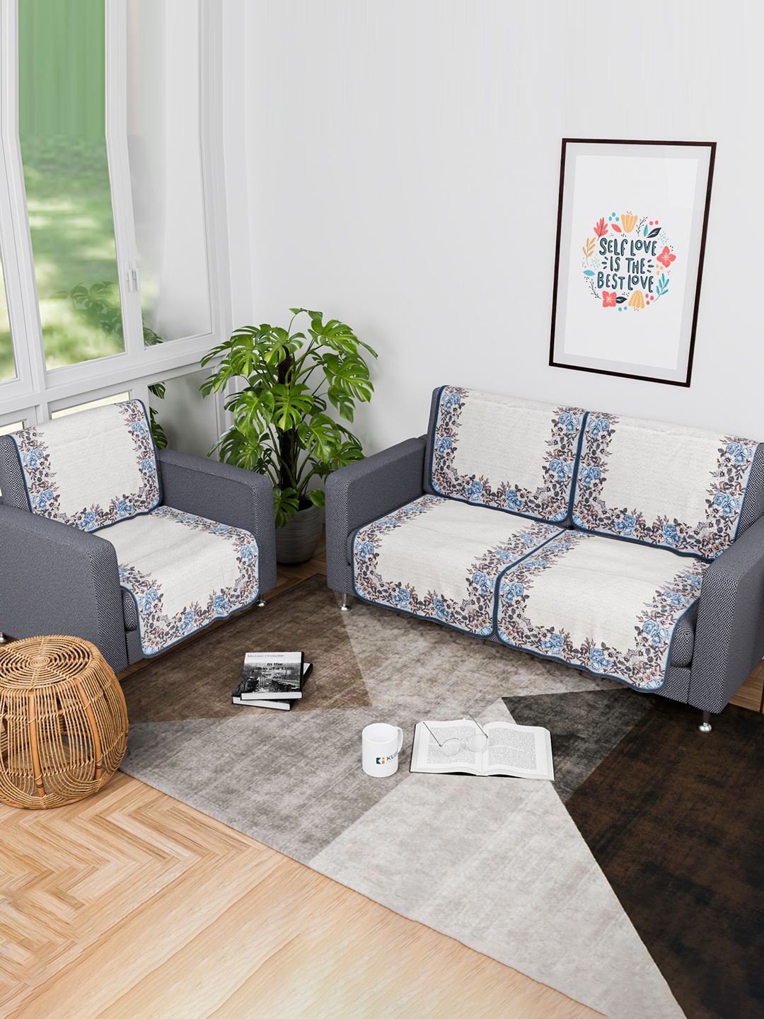 

Kuber Industries Cream-Coloured & Blue 6 Pieces Printed Cotton 3 Seater Sofa Covers