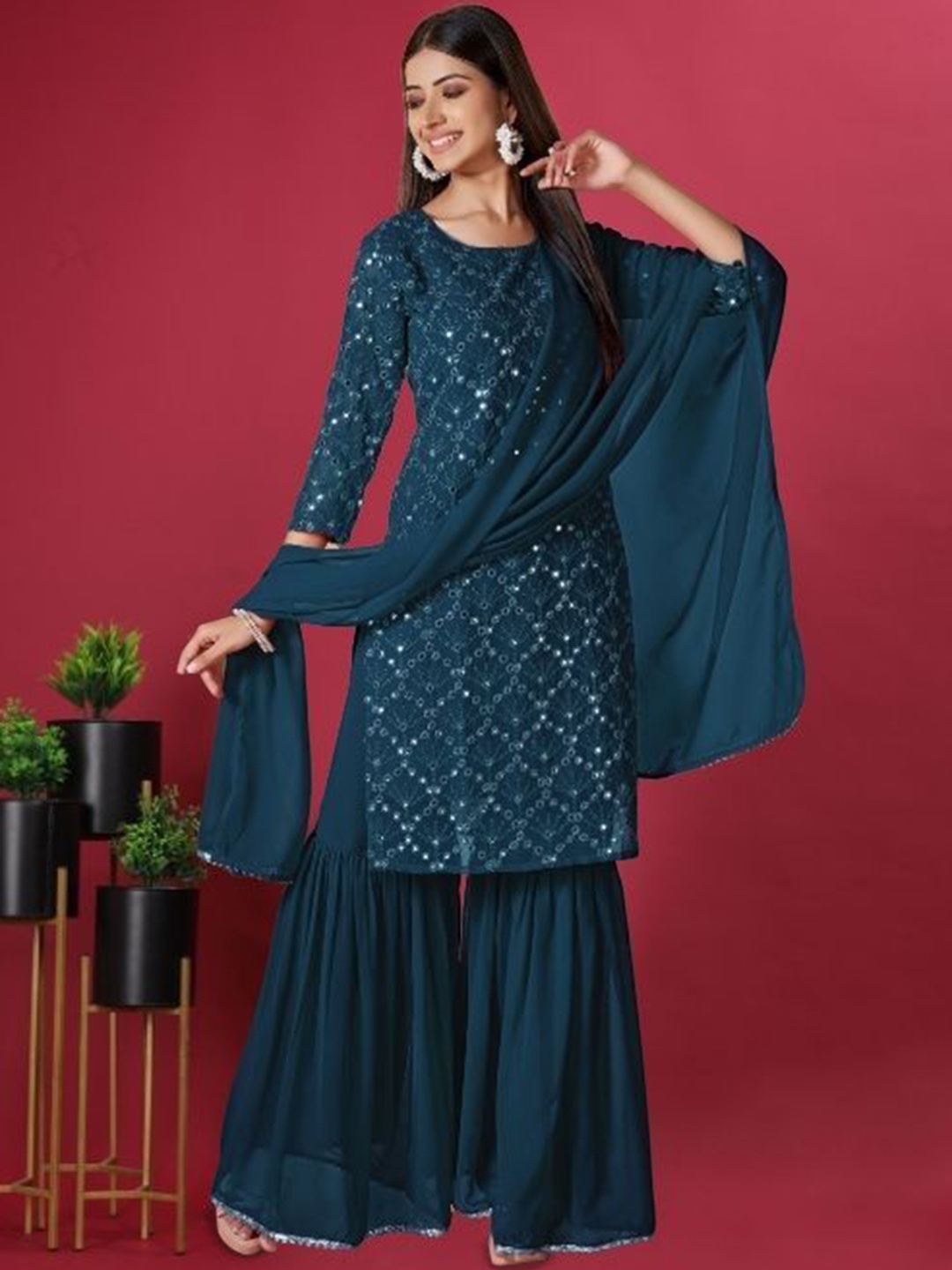 

PARROT CREATION Geometric Embroidered Thread Work Kurta With Sharara And Dupatta, Navy blue