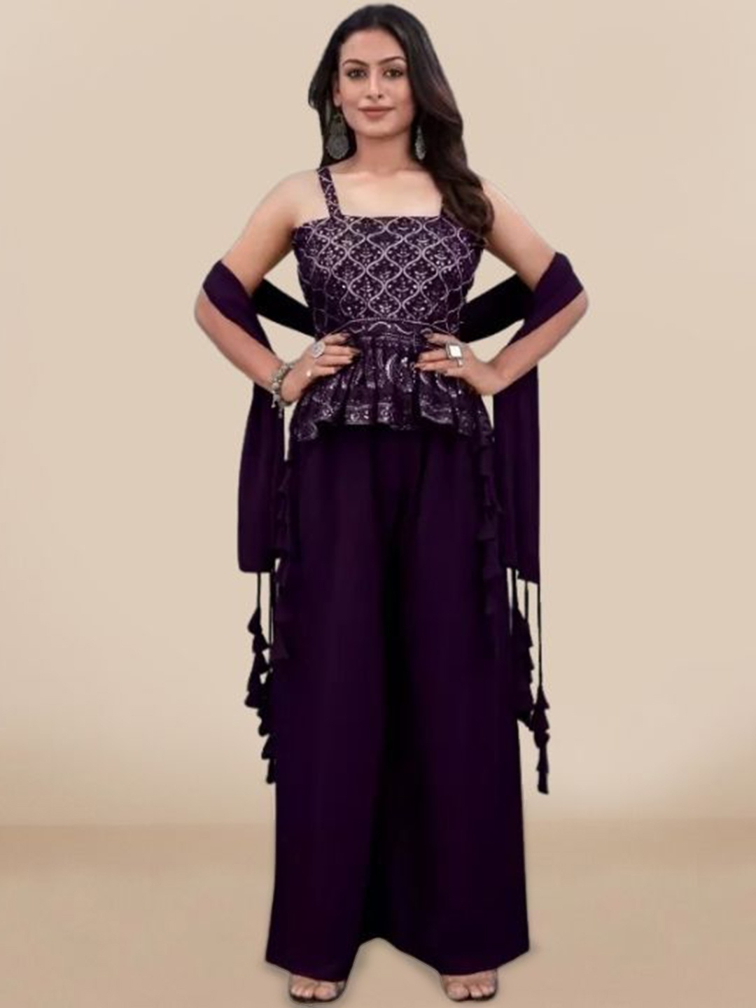 

PARROT CREATION Floral Embroidered Sequinned Kurti With Sharara And Dupatta, Purple