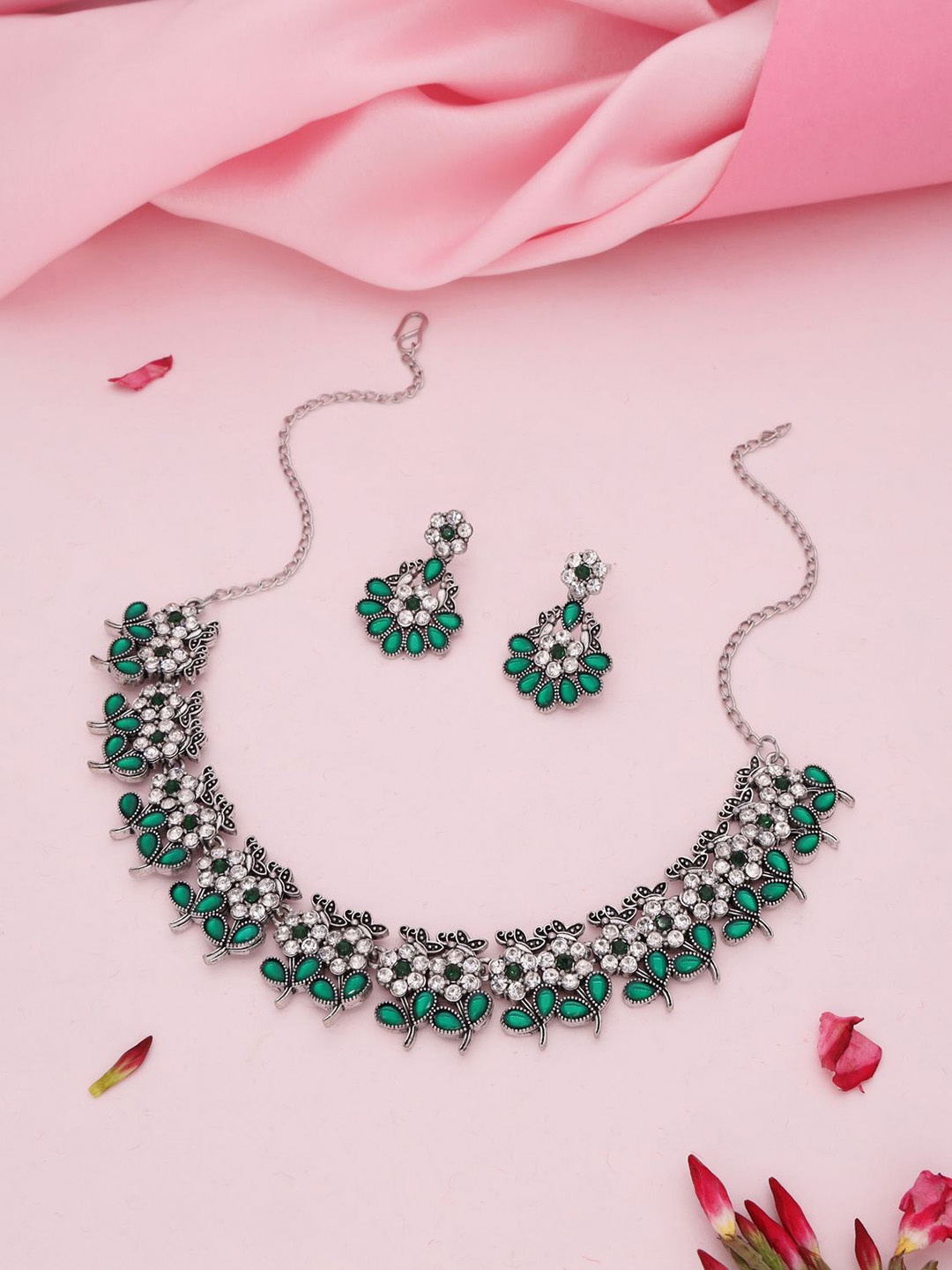 

Lyriss Silver-Plated Artificial Stones Studded Nacklace With Earrings