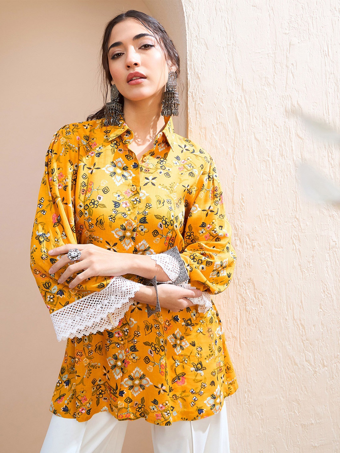 

Shae by SASSAFRAS Floral Printed Shirt Collar Pleated Kurti, Mustard
