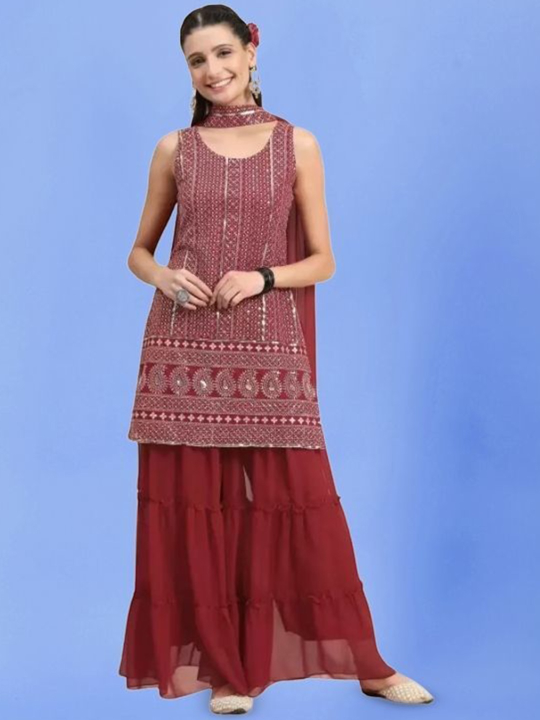 

PARROT CREATION Geometric Embroidered Georgette Straight Kurti With Sharara & Dupatta, Maroon