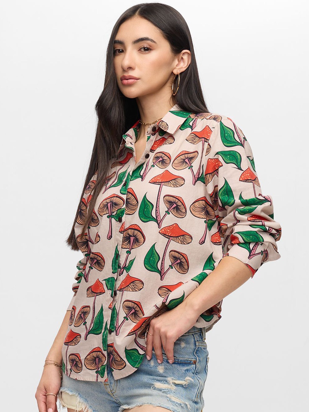 

The Souled Store Opaque Mushrooms Printed Relaxed Fit Pure Cotton Casual Shirt, Beige