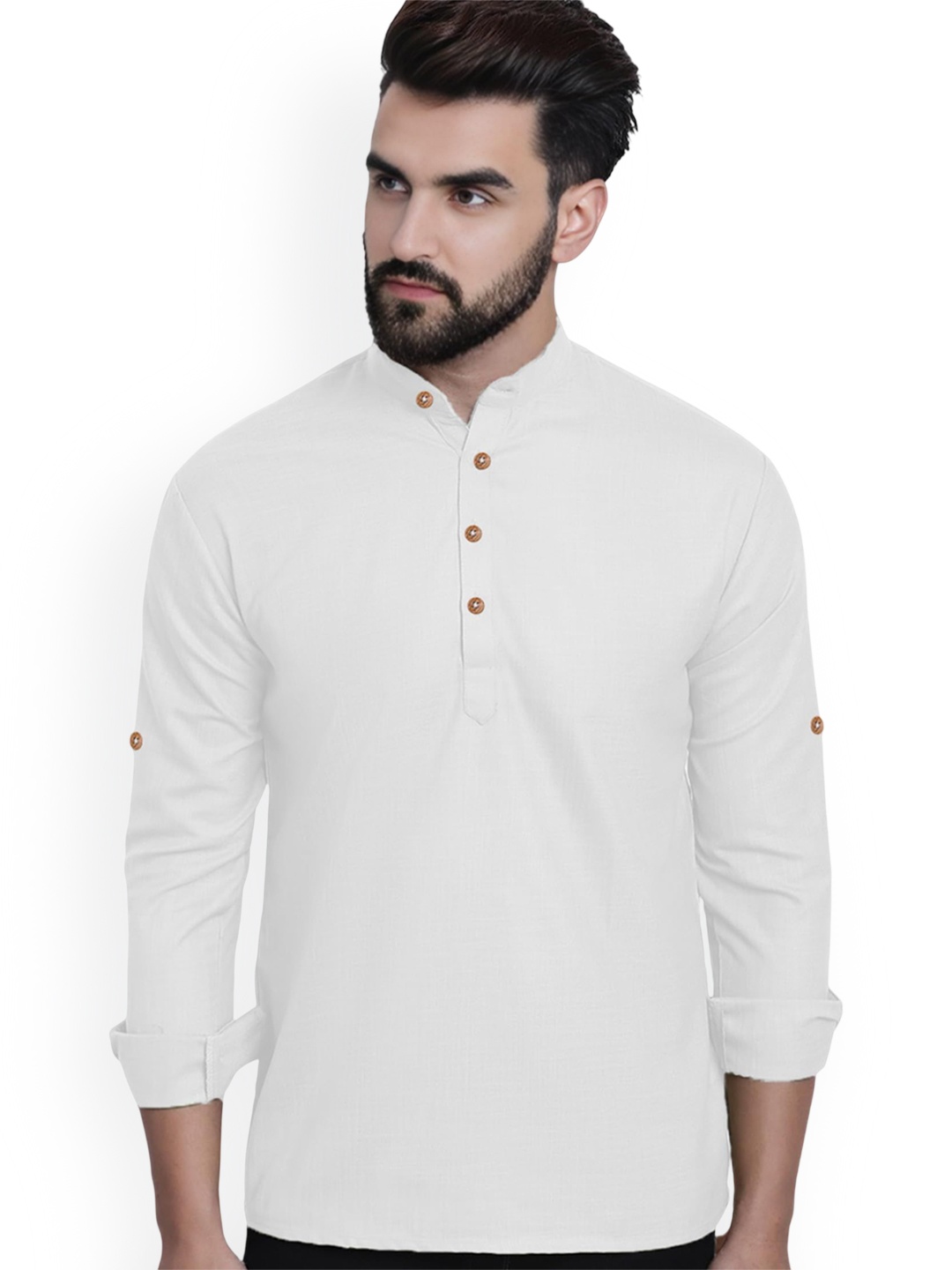 

Vida Loca Band Collar Rolled-Up Sleeves Slim Fit Pure Cotton Short Kurta, White