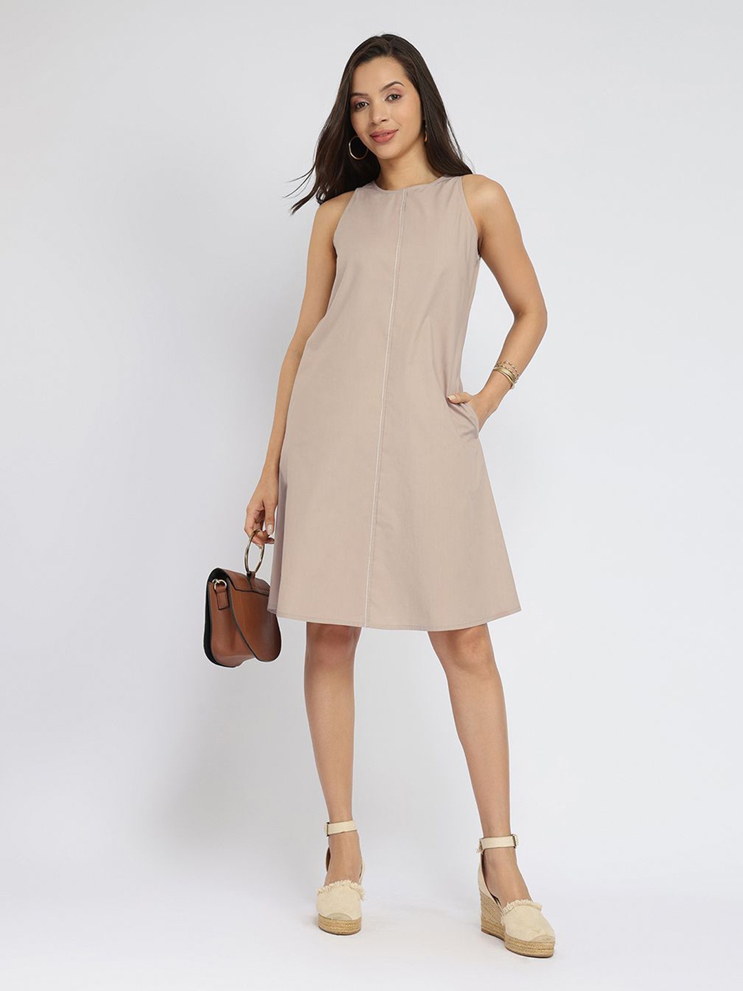 

Pink Fort Cotton Solid A-Line Dress - Beige
