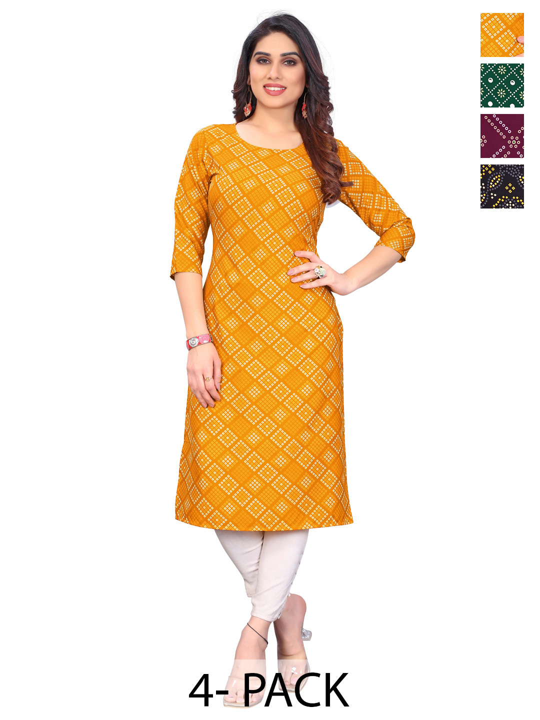 

KETAKI FASHION Selection Of 4 Ethnic Motifs Printed Straight Kurtas, Yellow
