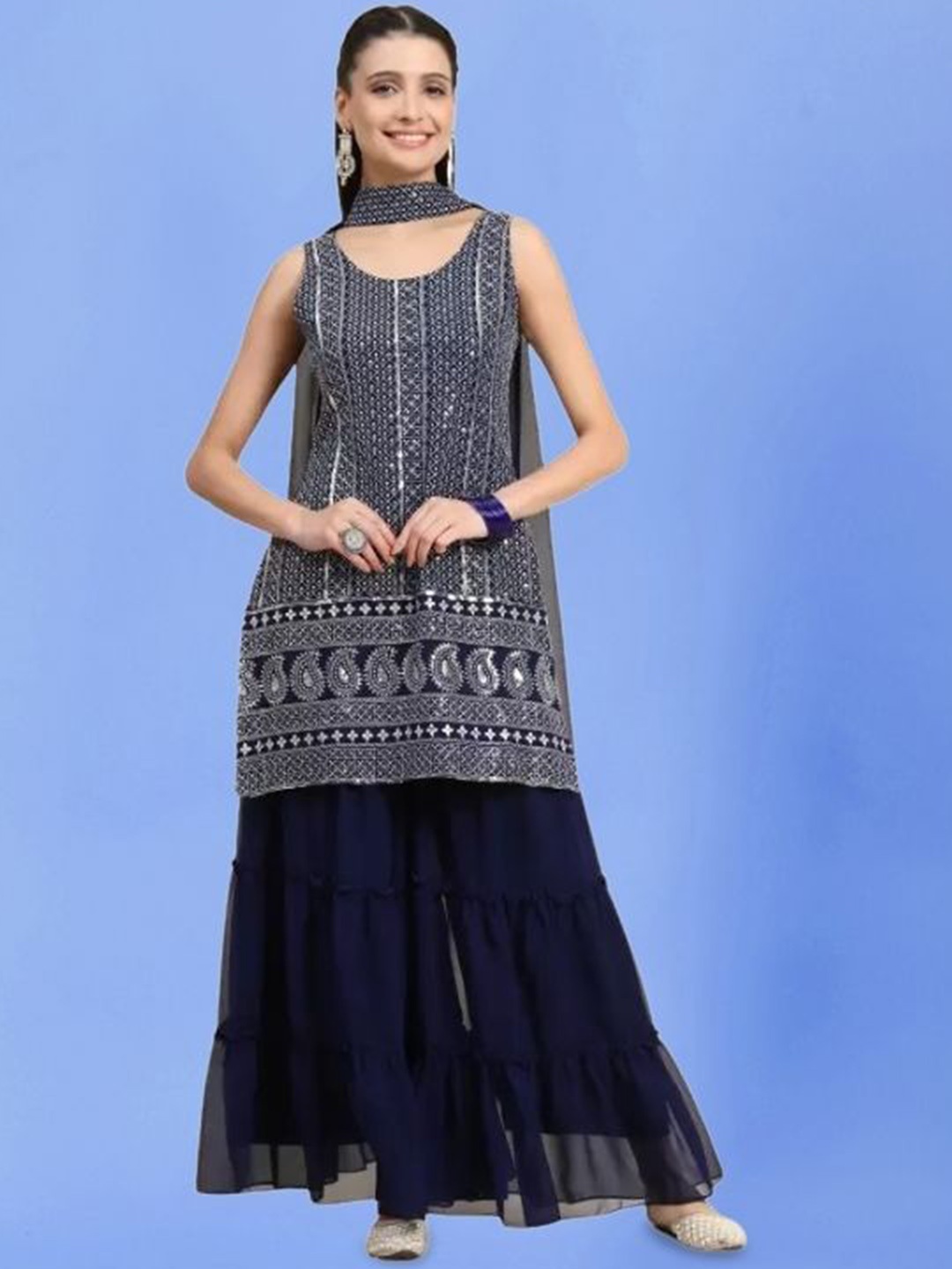 

PARROT CREATION Geometric Embroidered Sequinned Kurta With Sharara And Dupatta, Navy blue