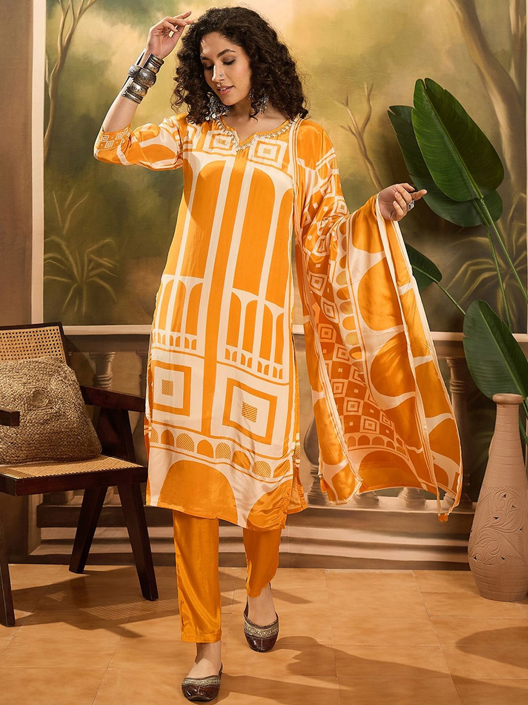 

Sangria Geometric Printed Beads And Stones Notch Neck Kurta With Trousers And Dupatta, Mustard