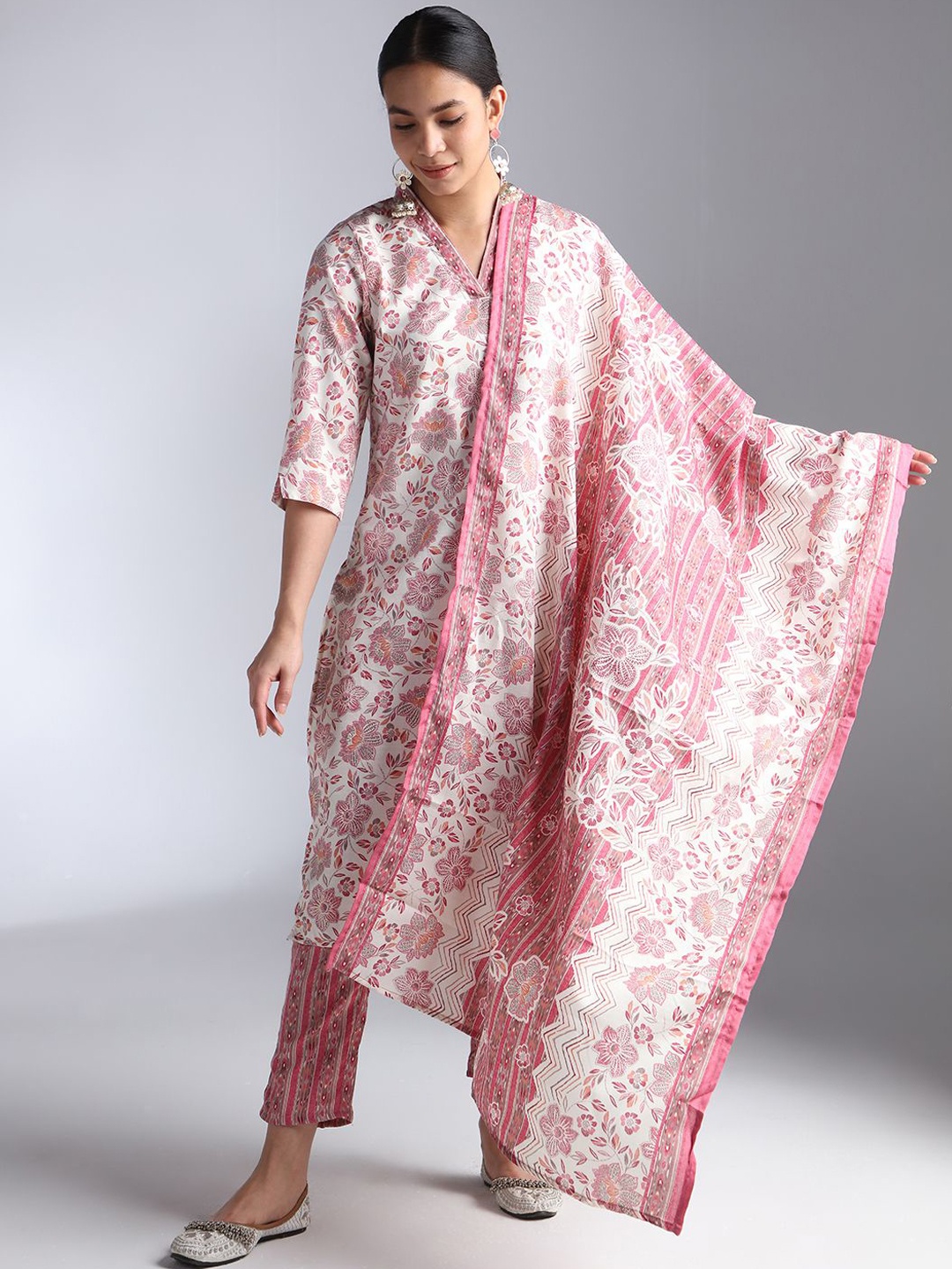 

House Of Dharaa Floral Printed Straight Kurta With Trousers & Dupatta, Off white