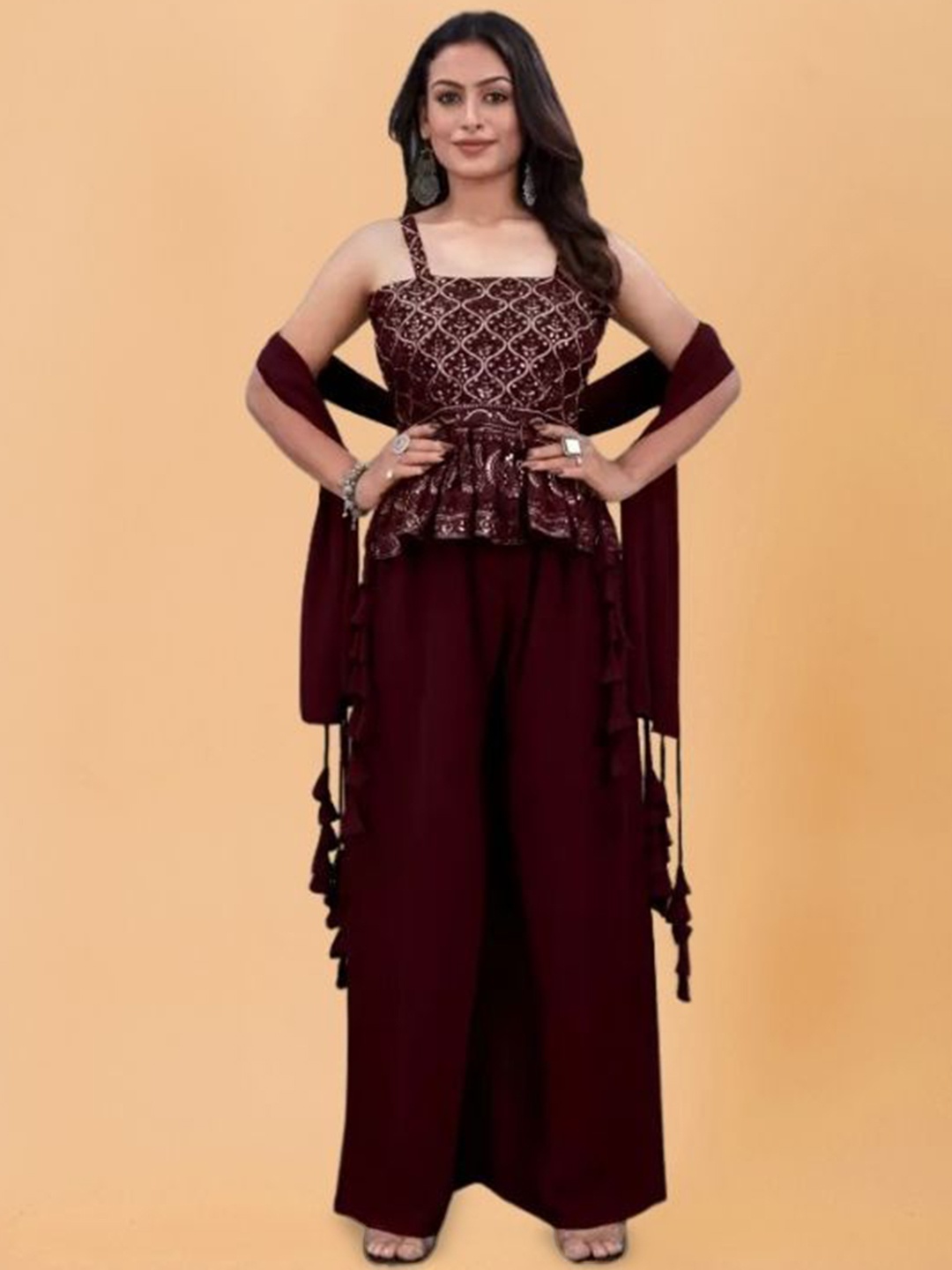 

PARROT CREATION Ethnic Motifs Embroidered Georgette A-Line Kurti With Palazzo And Dupatta, Maroon