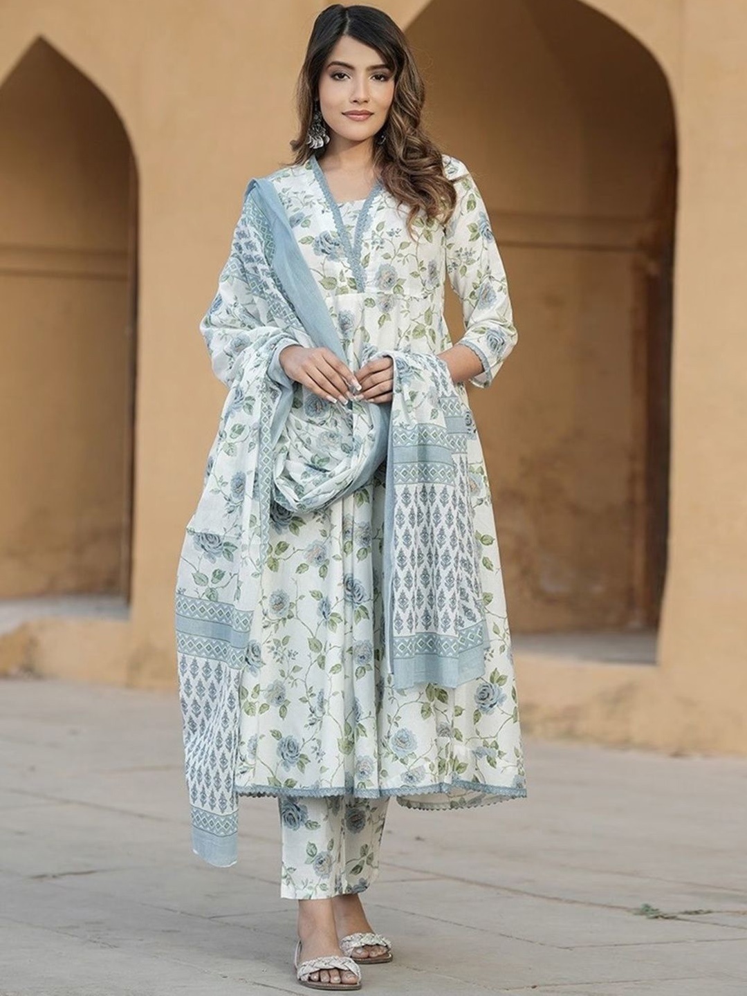 

Anara Floral Printed V-Neck A-Line Pure Cotton Kurta With Trousers And Dupatta, White