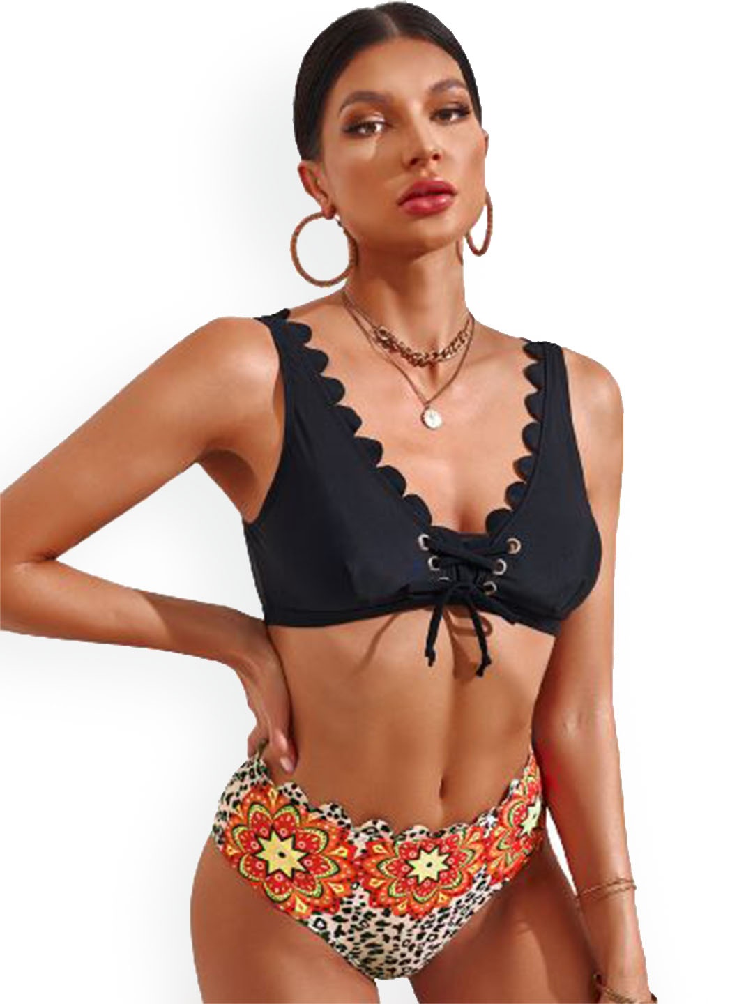

Plus Curvves Tribal Printed Scalloped Lace-Up High Waist Swim Bikini Set, Black