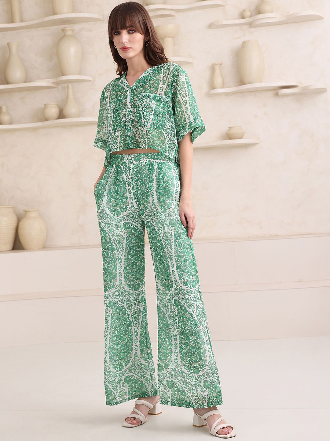 

PURVAJA Paisley Printed Shirt Collar Top With Trousers, Green