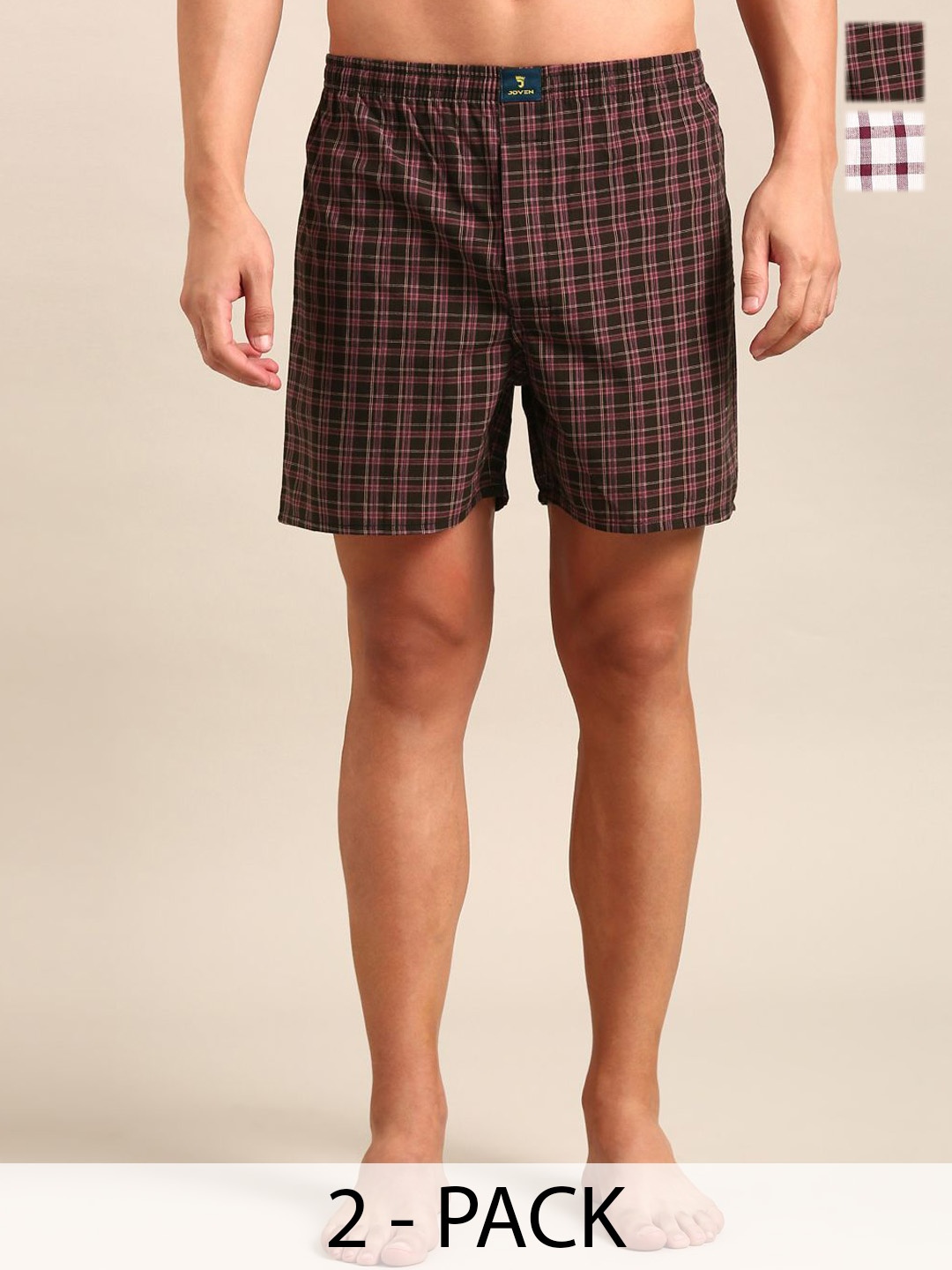 

JOVEN Pack Of 2 Checked Pure Cotton Boxers JB2C036, Brown