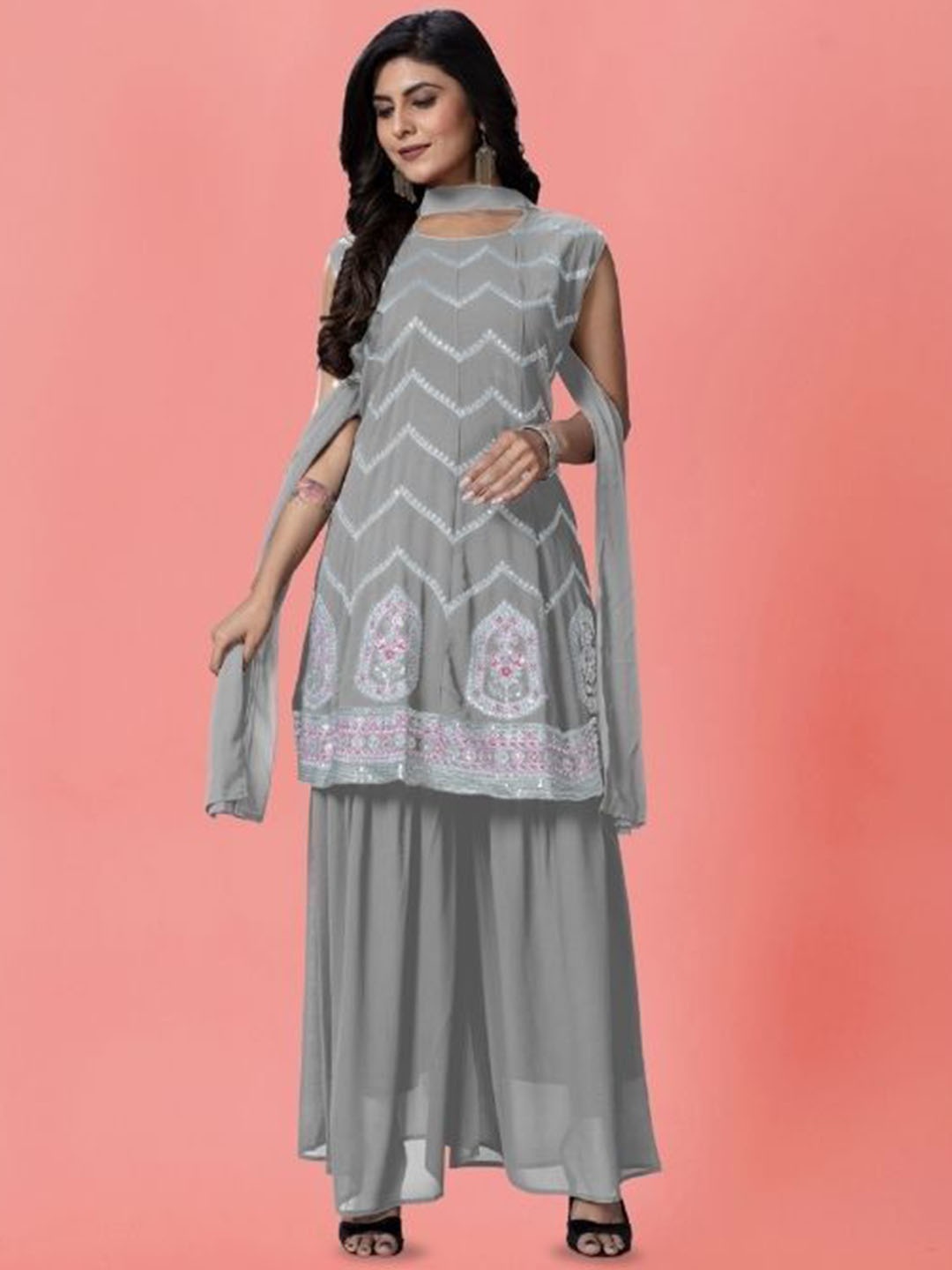 

PARROT CREATION Floral Embroidered Georgette Kurti With Sharara And Dupatta, Grey