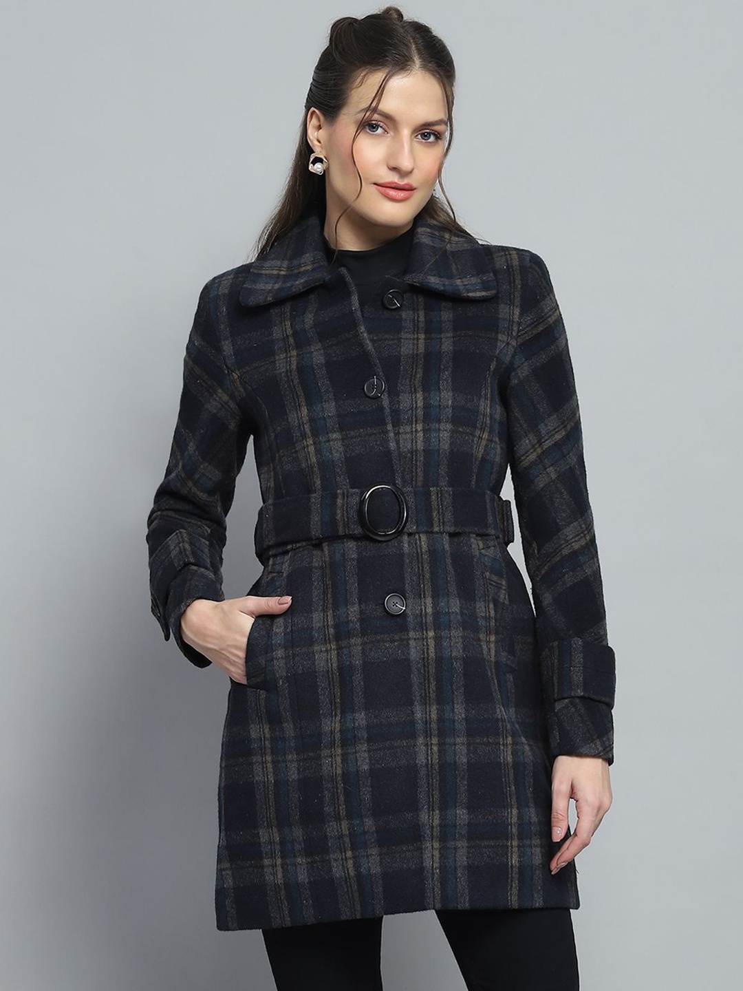 

Monte Carlo Checked Collared Neck Full Sleeves Single Breasted Coat, Navy blue