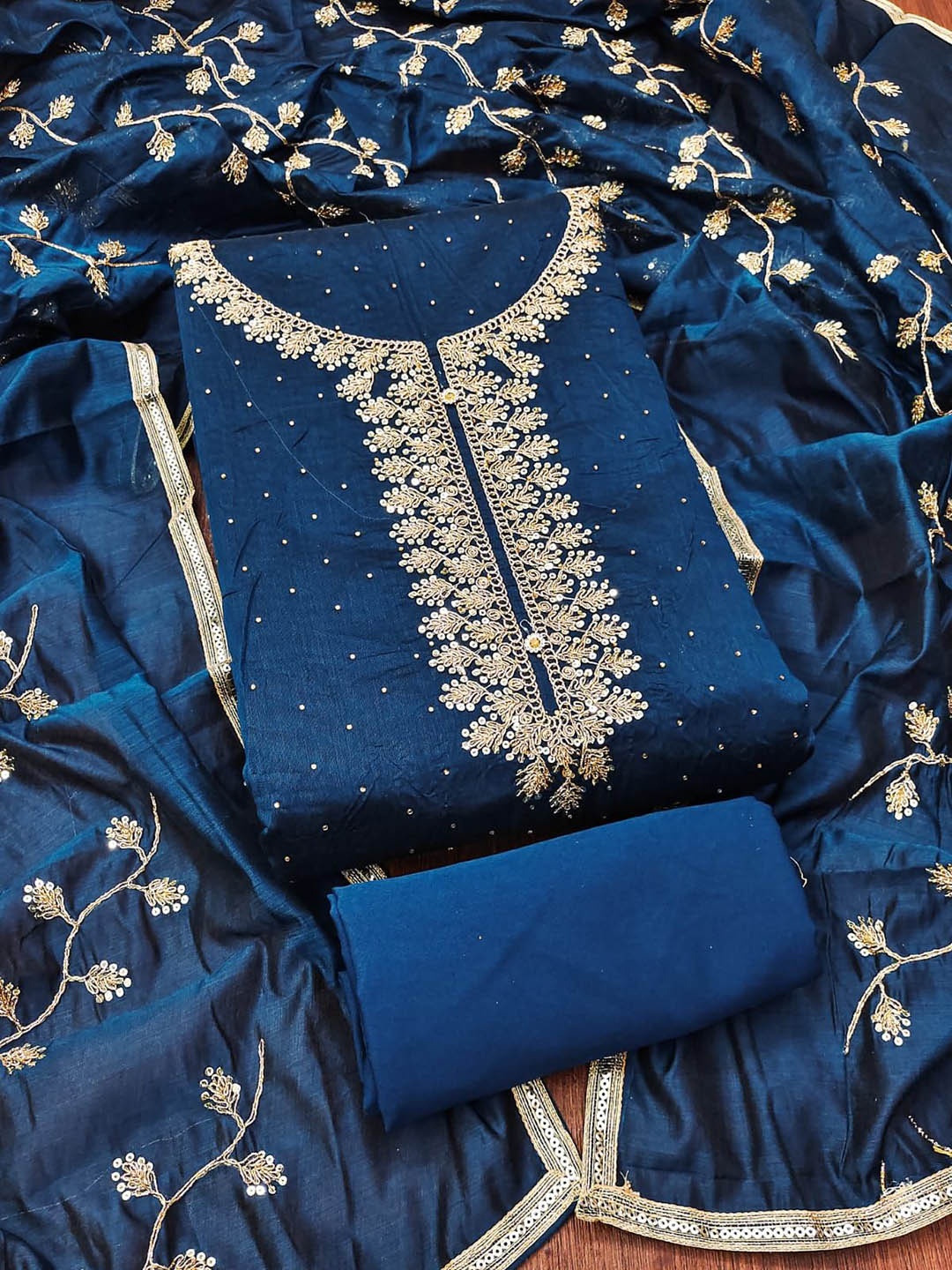 

RUDRAA FAB Floral Embroidered Sequinned Unstitched Dress Material, Navy blue