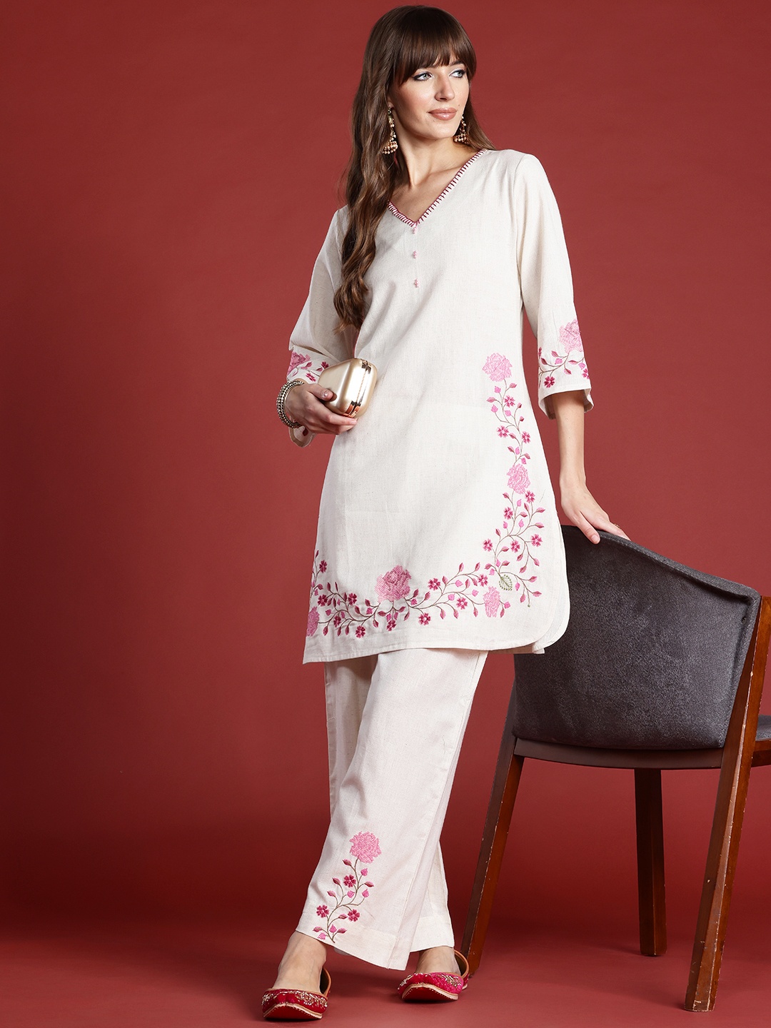 

Indo Era Floral Embroidered Thread Work Pure Cotton Kurta with Palazzos, Off white