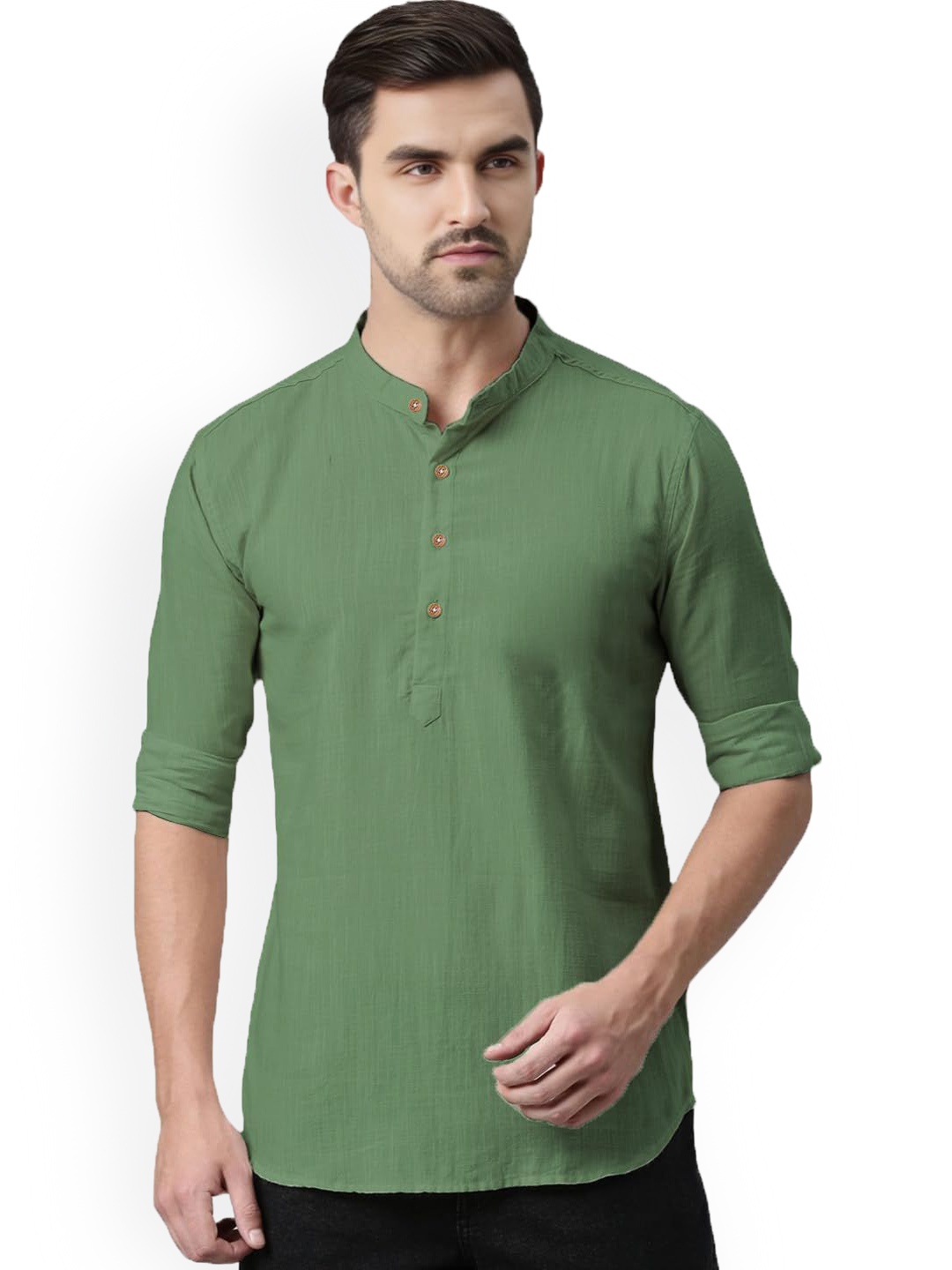 

Vida Loca Men Band Collar Rolled-Up Sleeves Slim Fit Straight Pure Cotton Kurta, Green