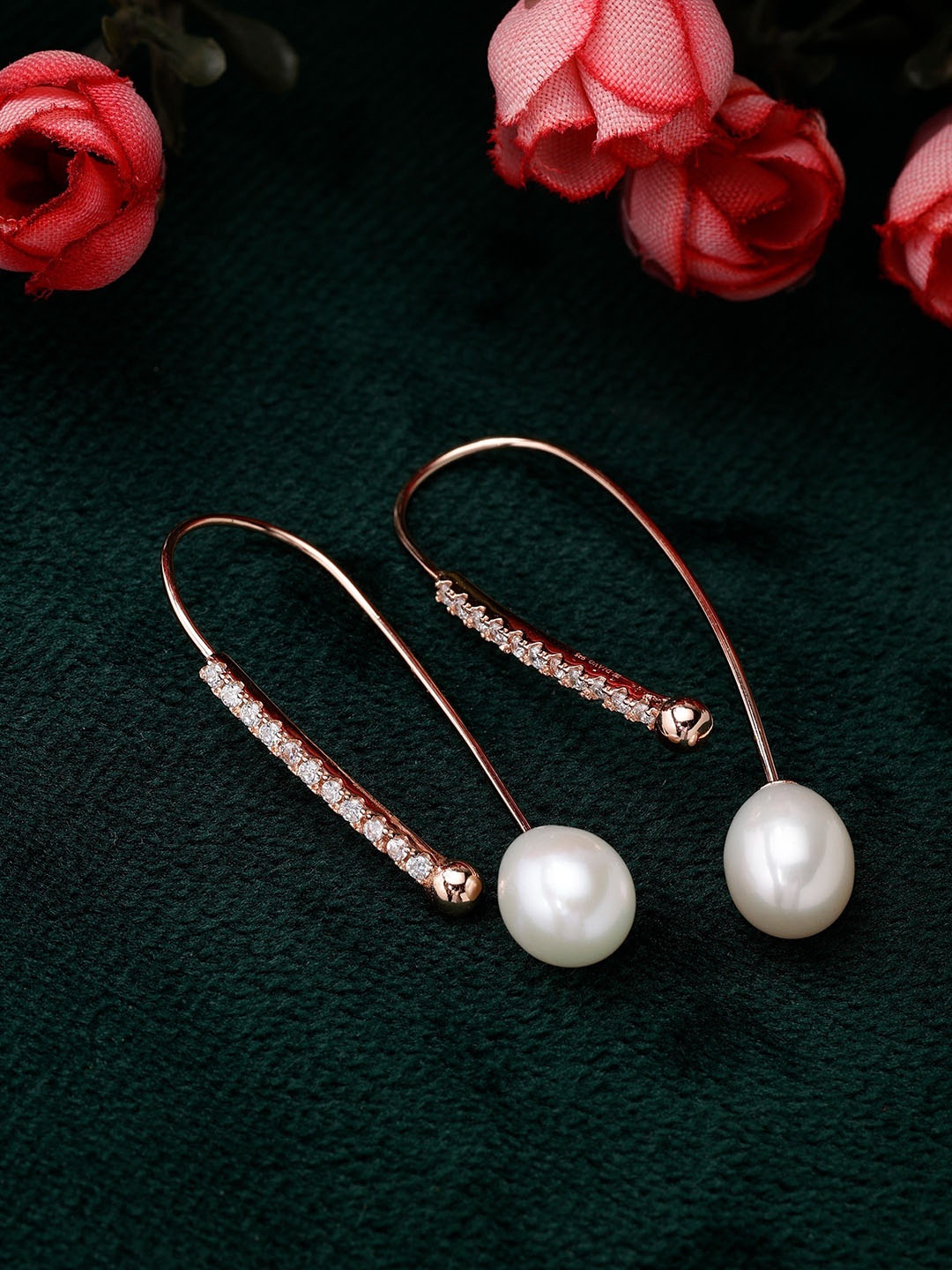 

DIAVO Rose Gold-Plated Artificial Pearls Studded Contemporary Shaped Drop Earrings, Copper