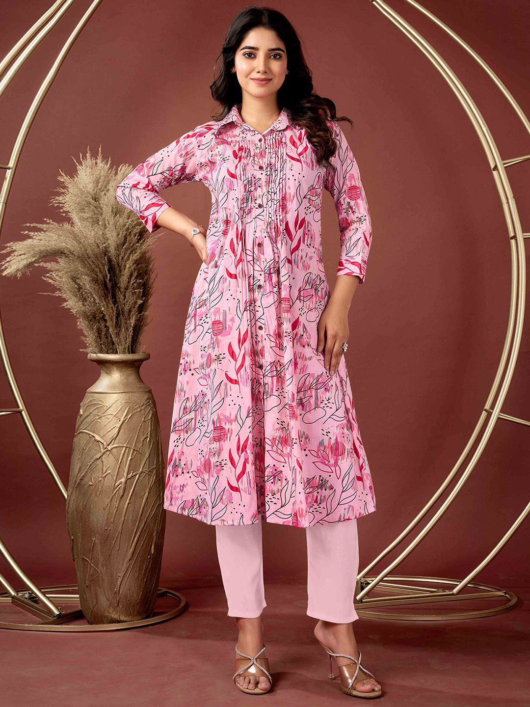 

Peachmode Floral Printed Shirt Collar Pure Cotton A-Line Kurta, Pink