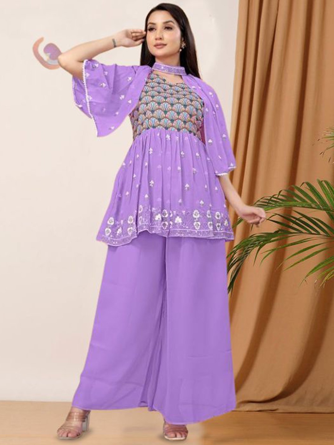 

PARROT CREATION Floral Embroidered Georgette Anarkali Kurti With Sharara, Lavender