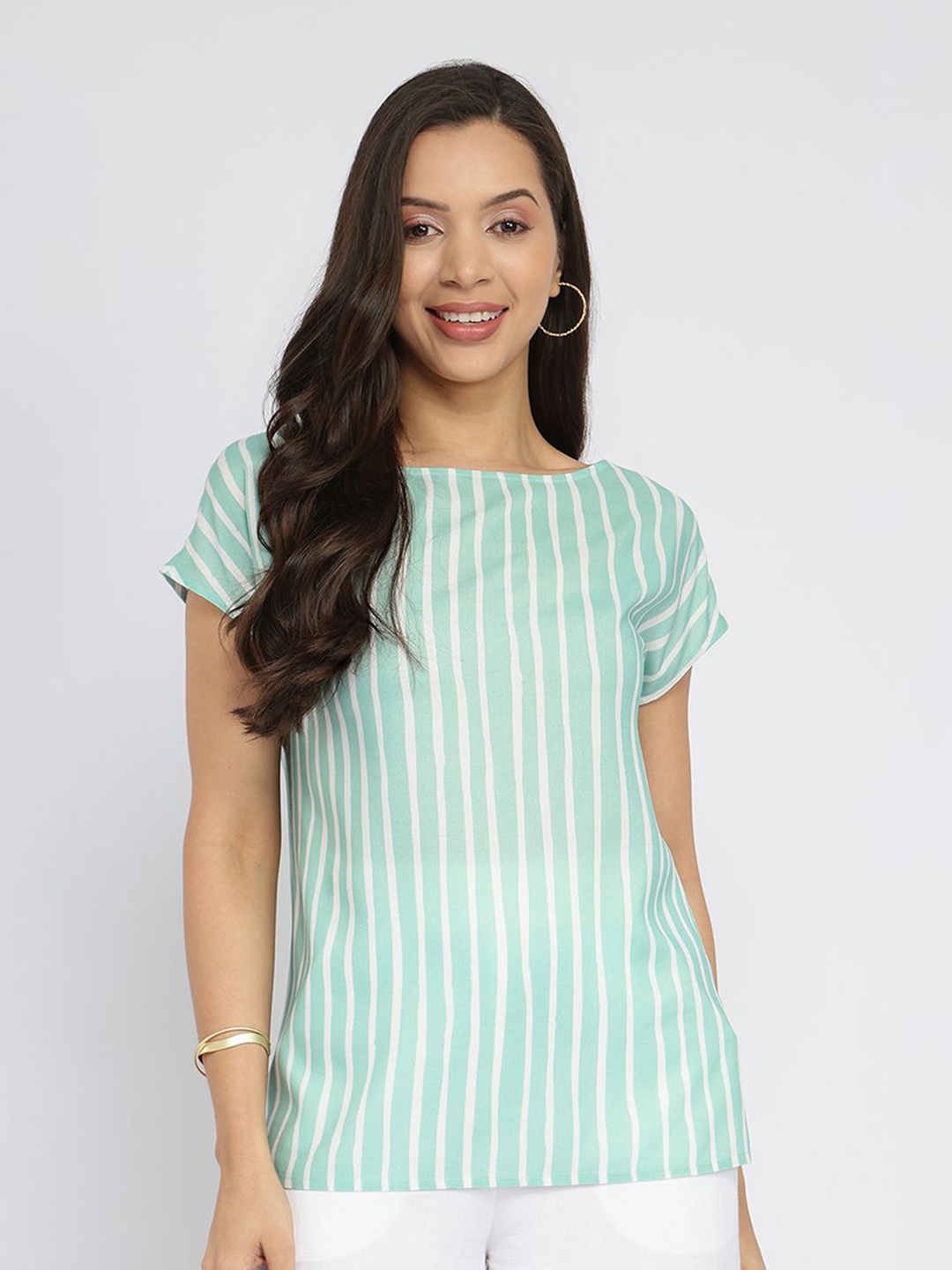 

Pink Fort Women Rayon Striped Boat Neck Top Green