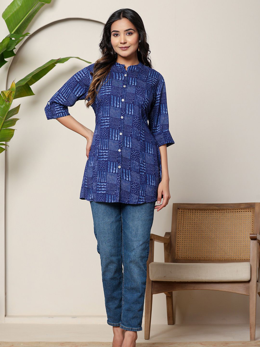 

ARAVALII Print Roll-Up Sleeves Ethnic Shirt Style Top, Navy blue