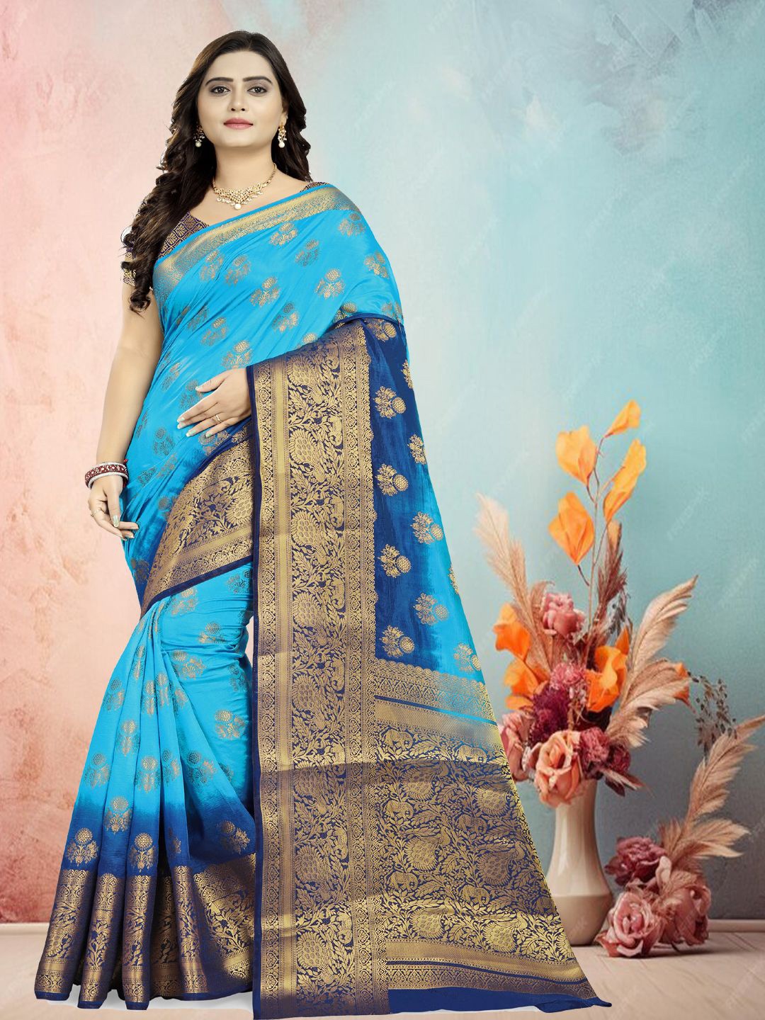 

DIVASTRI Woven Design Zari Pure Silk Banarasi Saree, Turquoise blue