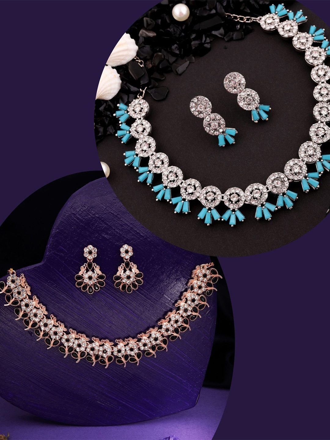 

DIVASTRI Set Of 2 Rose Gold & Silver-Plated American Diamonds Studded Jewellery Set