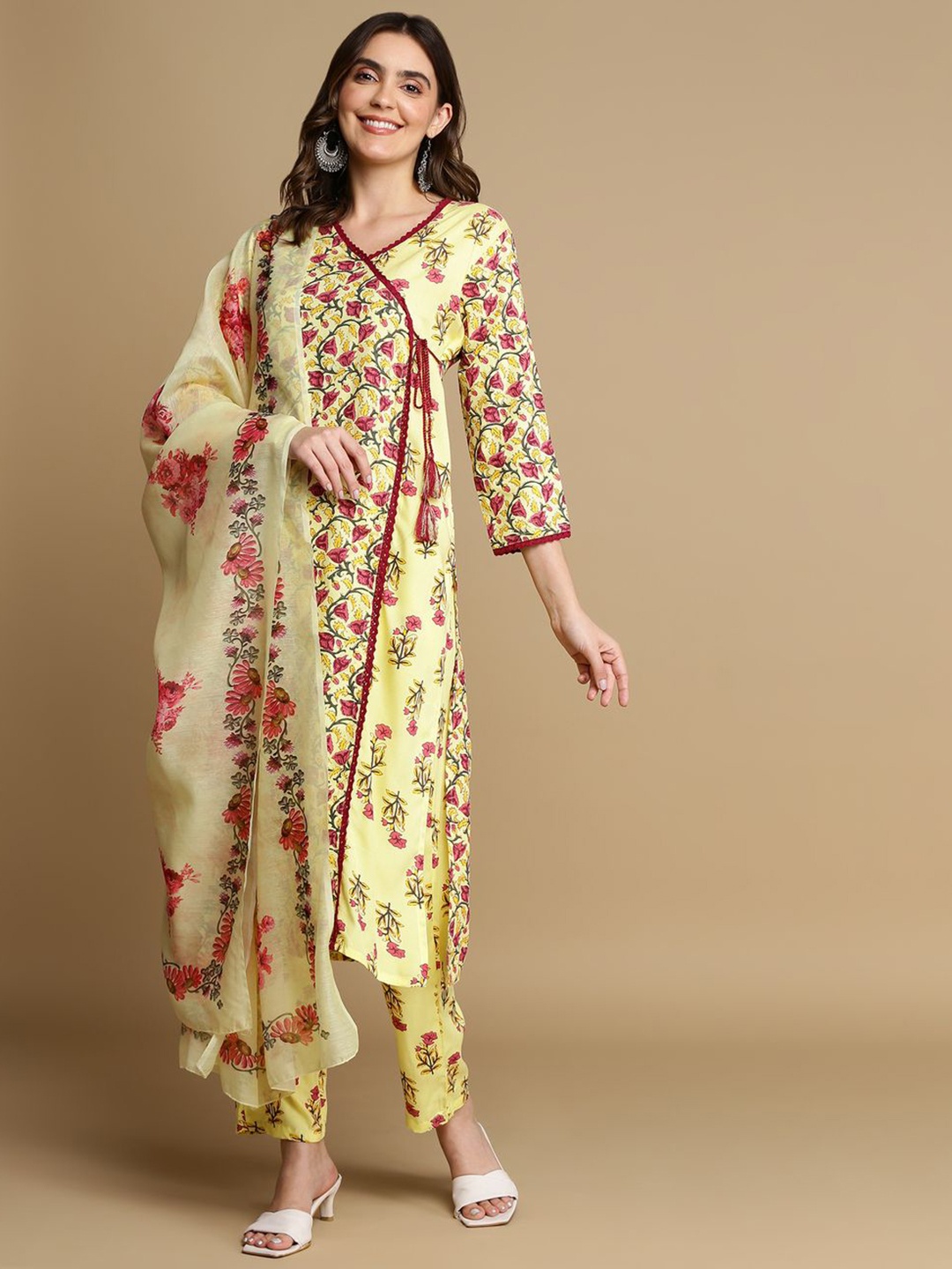 

GURRA Floral Printed Straight Kurta With Palazzos & Dupatta, Yellow
