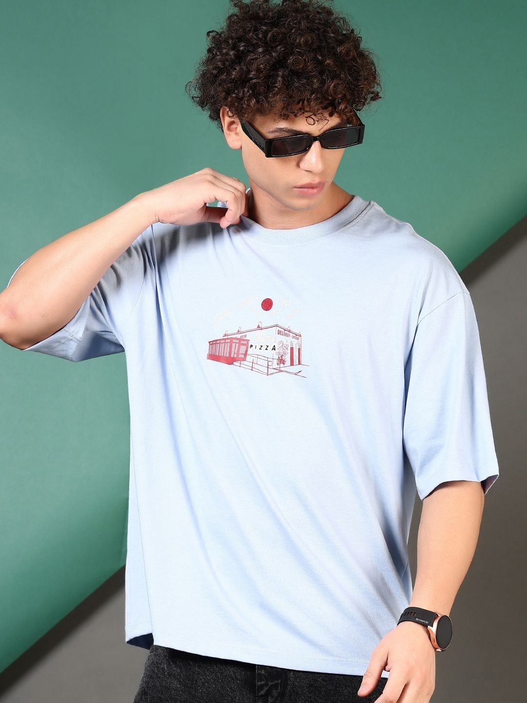 

V-Mart Men Graphic Printed Round Neck Cotton Oversized T-shirt, Blue