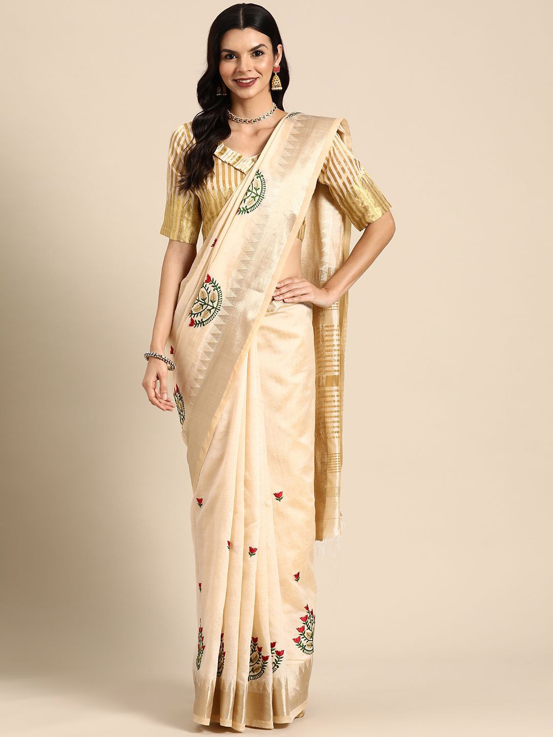 

DIVASTRI Woven Design Embroidered Silk Cotton Banarasi Saree, Cream