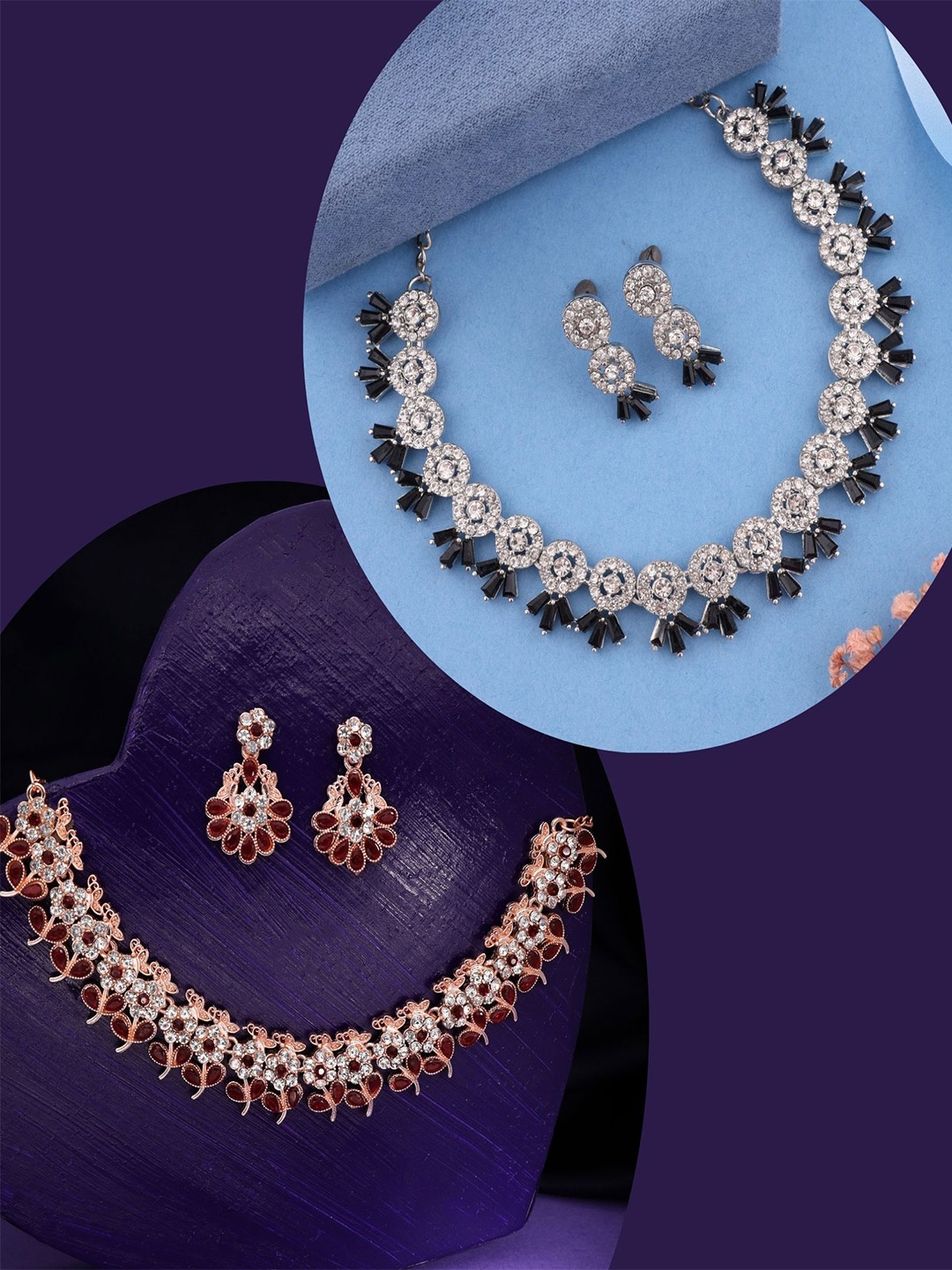 

DIVASTRI Set Of 2 Silver Plated American Diamond Studded Jewellery Set