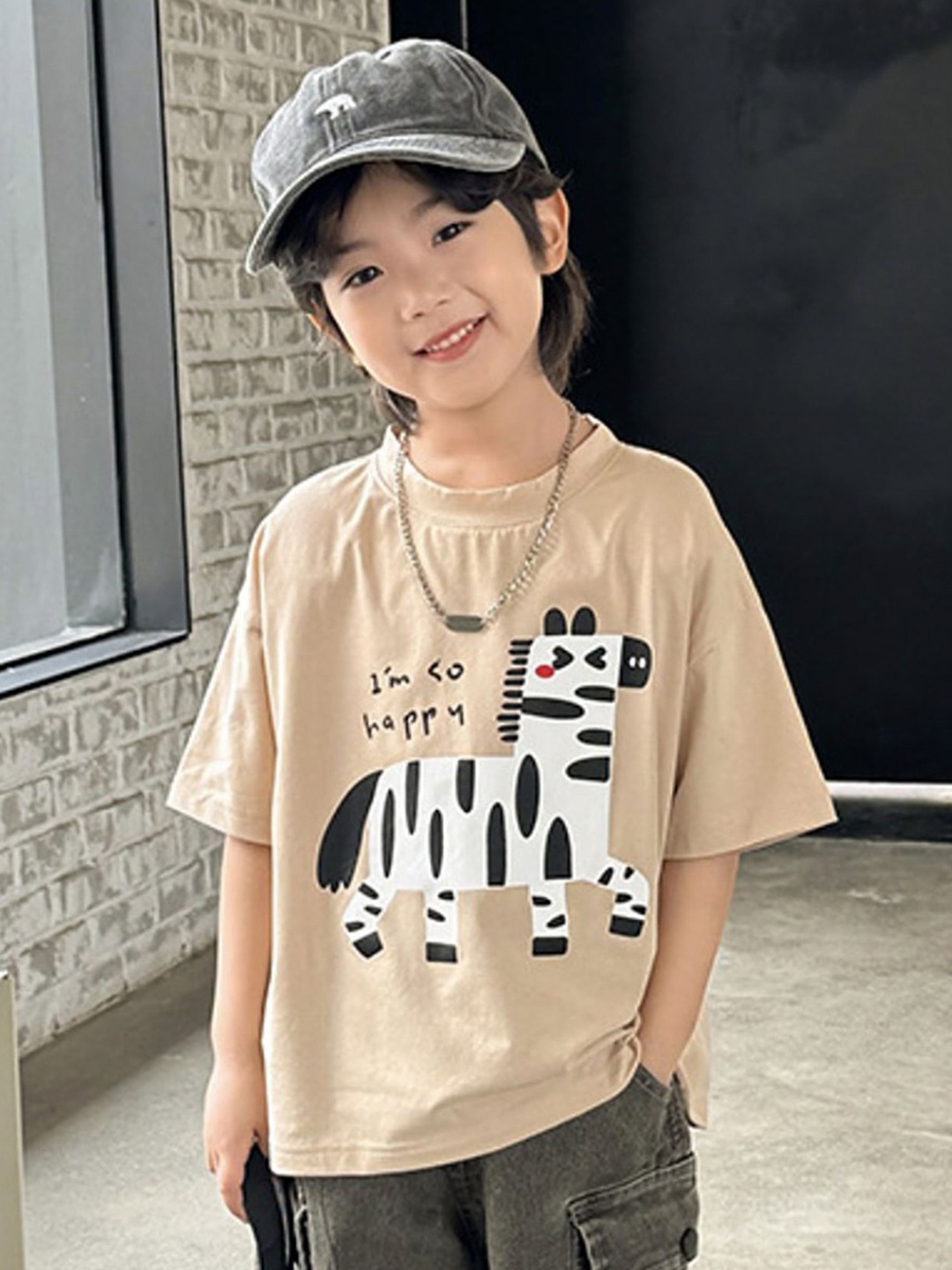 

LULU & SKY Boys Graphic Printed Round Neck Cotton T-shirt, Beige